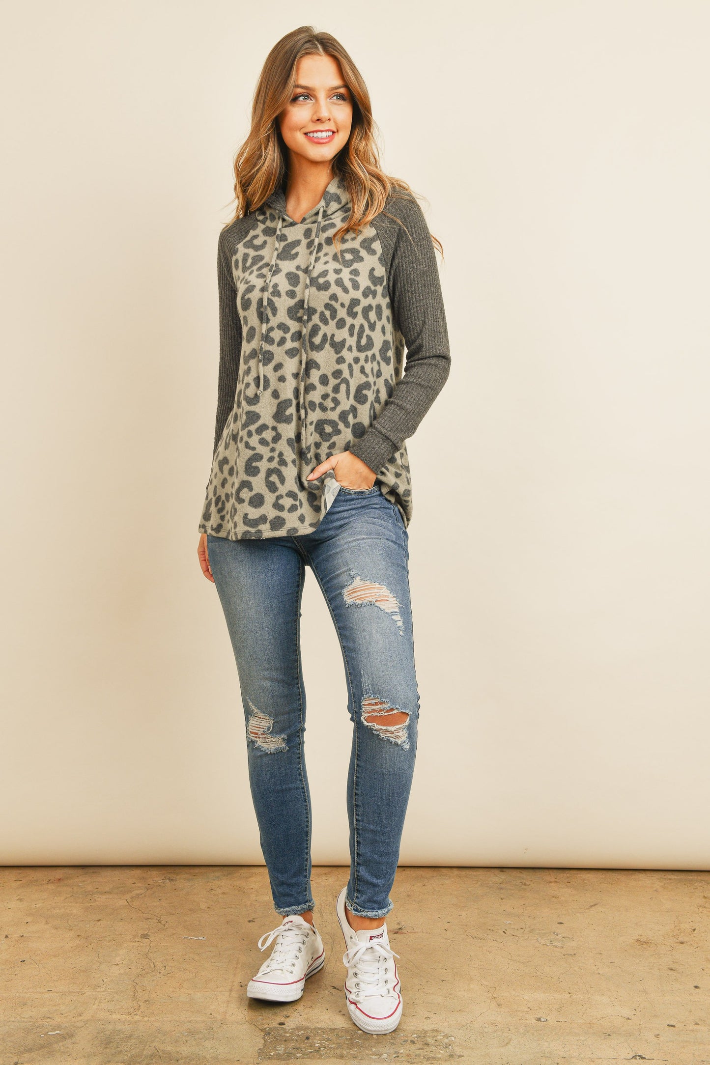 Waffle Sleeve Leopard Drawstring Hoodie