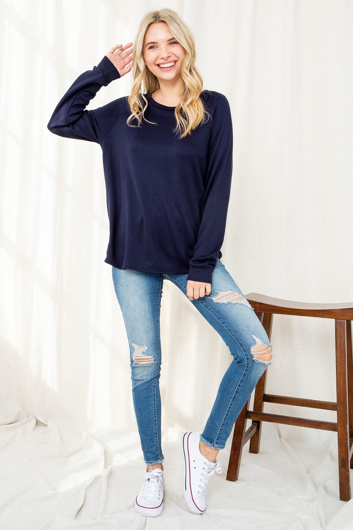 Solid French Terry Brushed Back Round Neck Long Sleeved Top