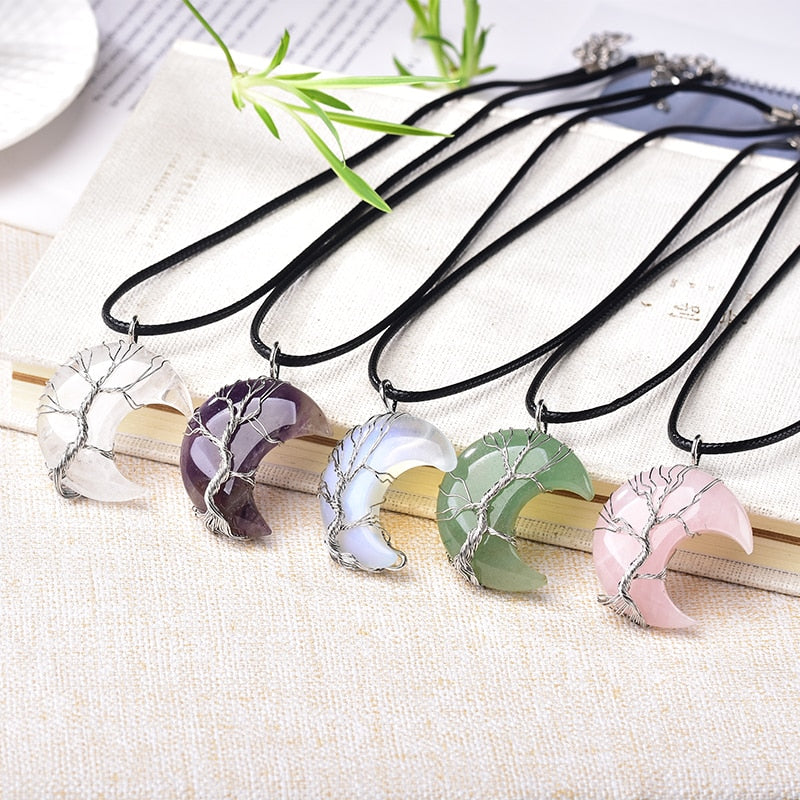 1PC Natural Crystal Pendant Tree of Life Moon Shape Reiki Polished Mineral Jewelry Healing Stone for Men Women Jewelry Gift