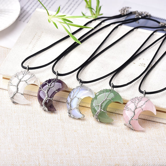 1PC Natural Crystal Pendant Tree of Life Moon Shape Reiki Polished Mineral Jewelry Healing Stone for Men Women Jewelry Gift