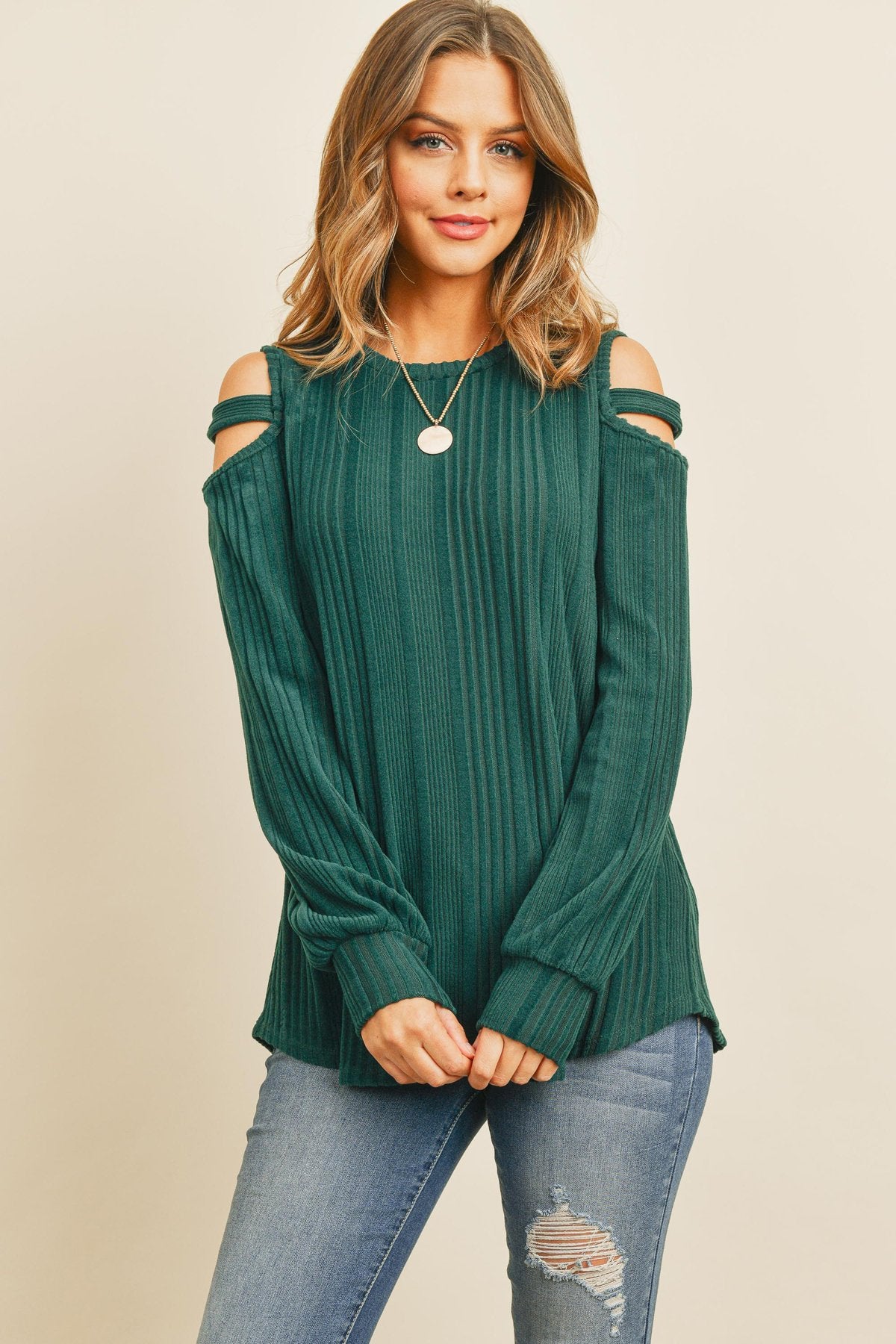 Ladder Open Should Long Sleeved Rib Detail Top