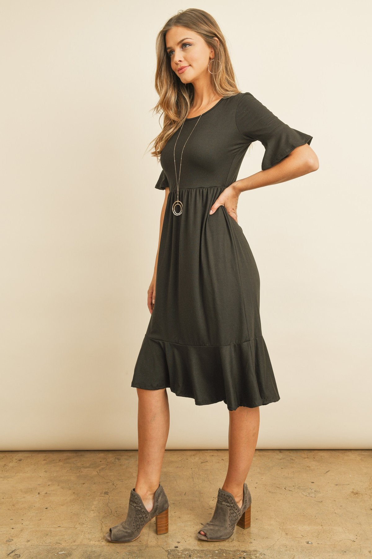 Solid Cinch Waist Ruffle Dress