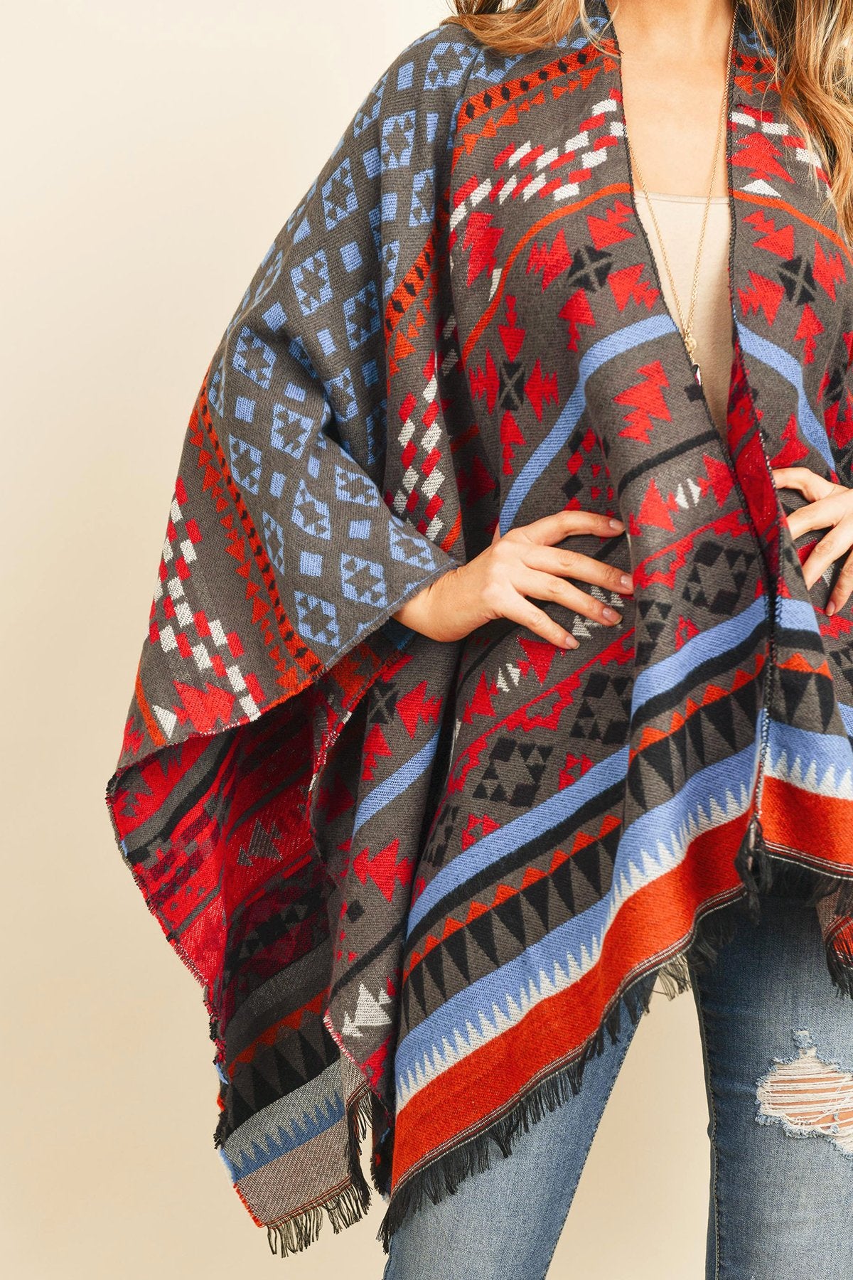 Hdf3148 - Native Pattern Open Front Kimono