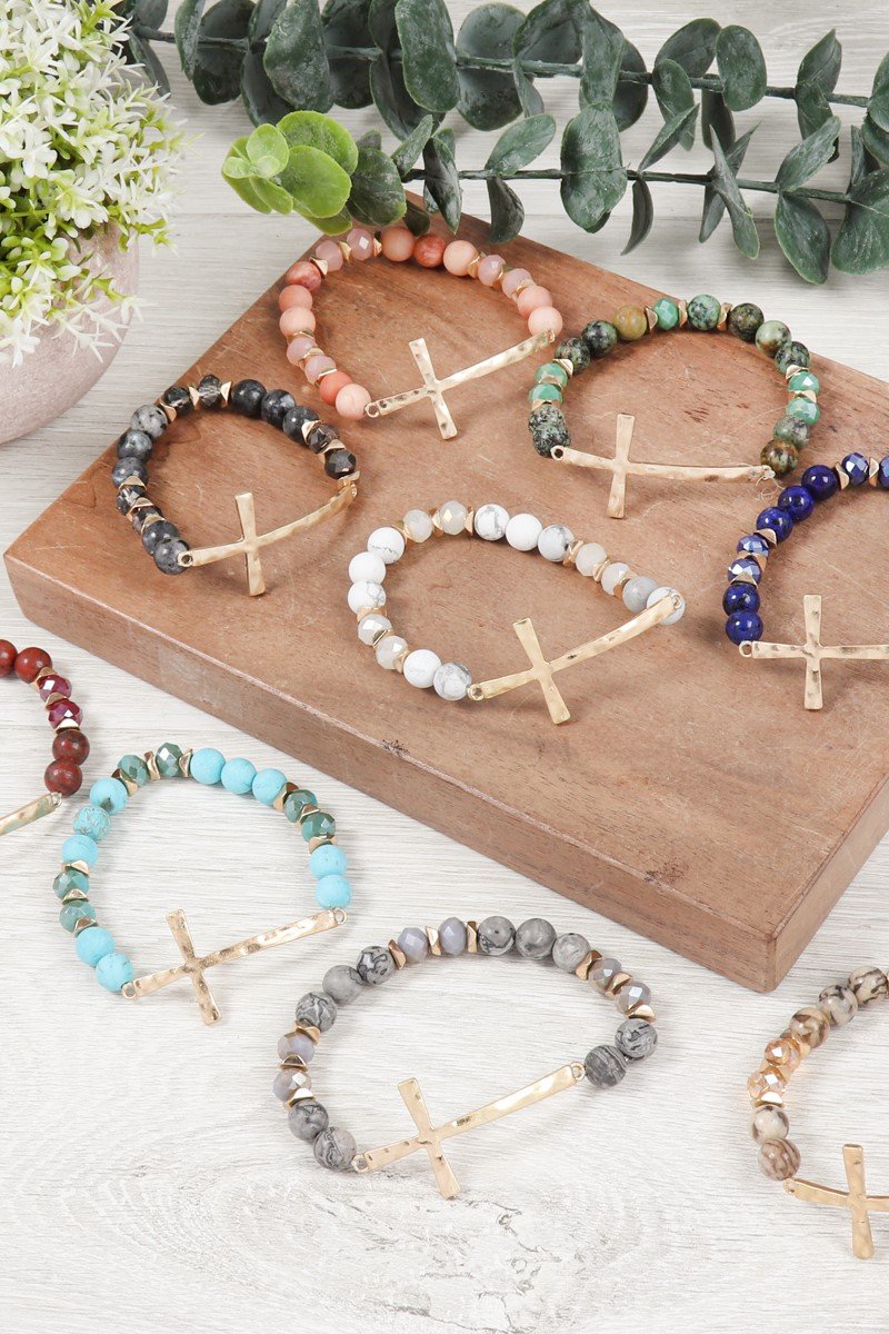 Mix Beads Hammered Cross Bracelet