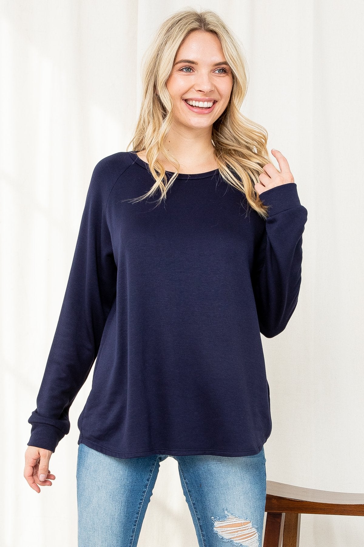 Solid French Terry Brushed Back Round Neck Long Sleeved Top