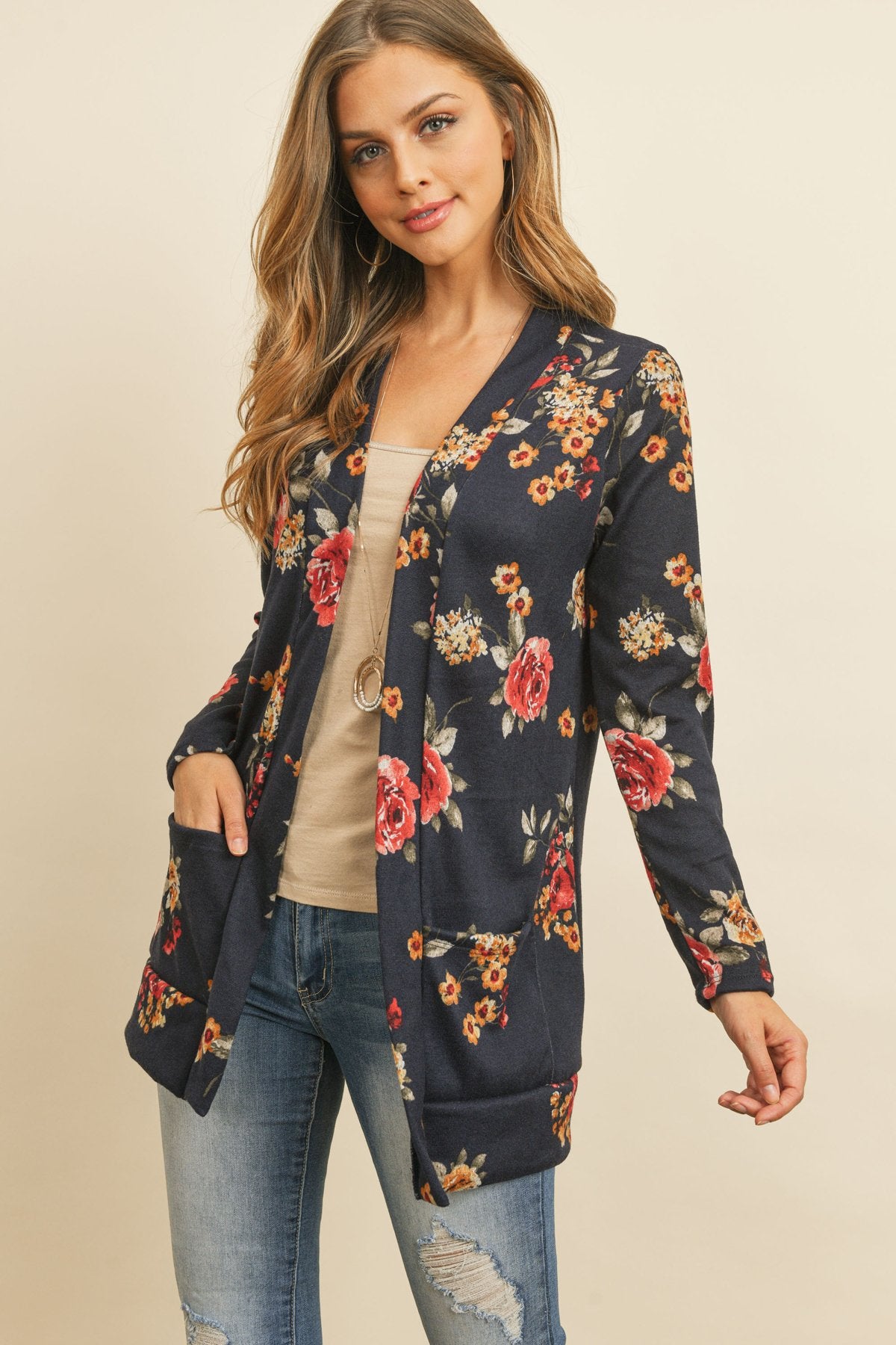 Floral Print Brushed Hacci Cardigan With Pockets