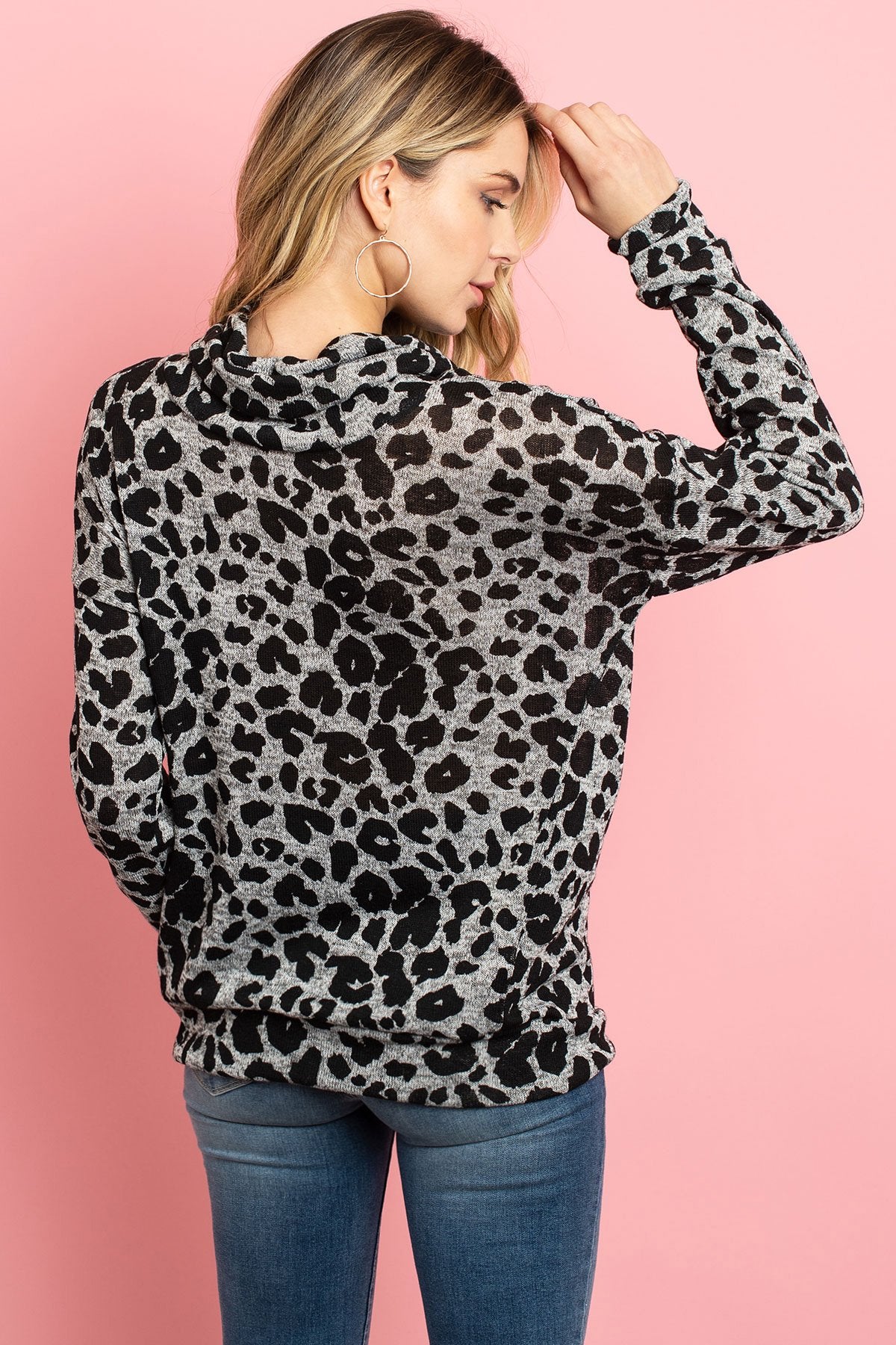 Cowl Neck Leopard Sweater With Inseam Pocket