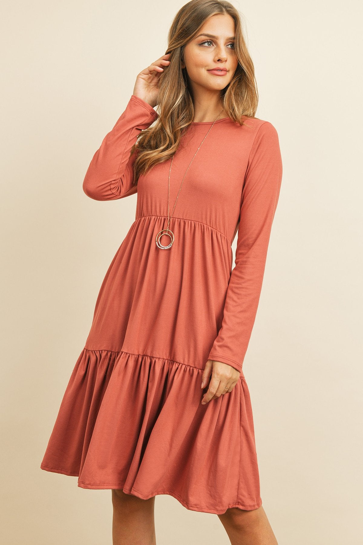 Solid Long Sleeve Double Layered Ruffle Dress