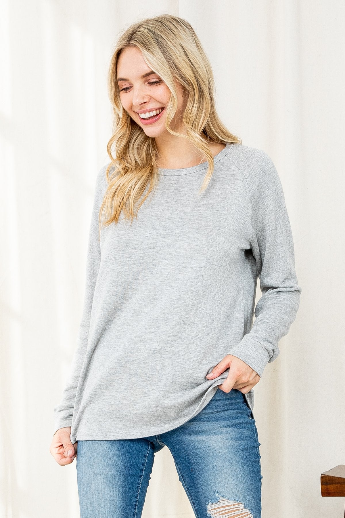 Solid French Terry Brushed Back Round Neck Long Sleeved Top