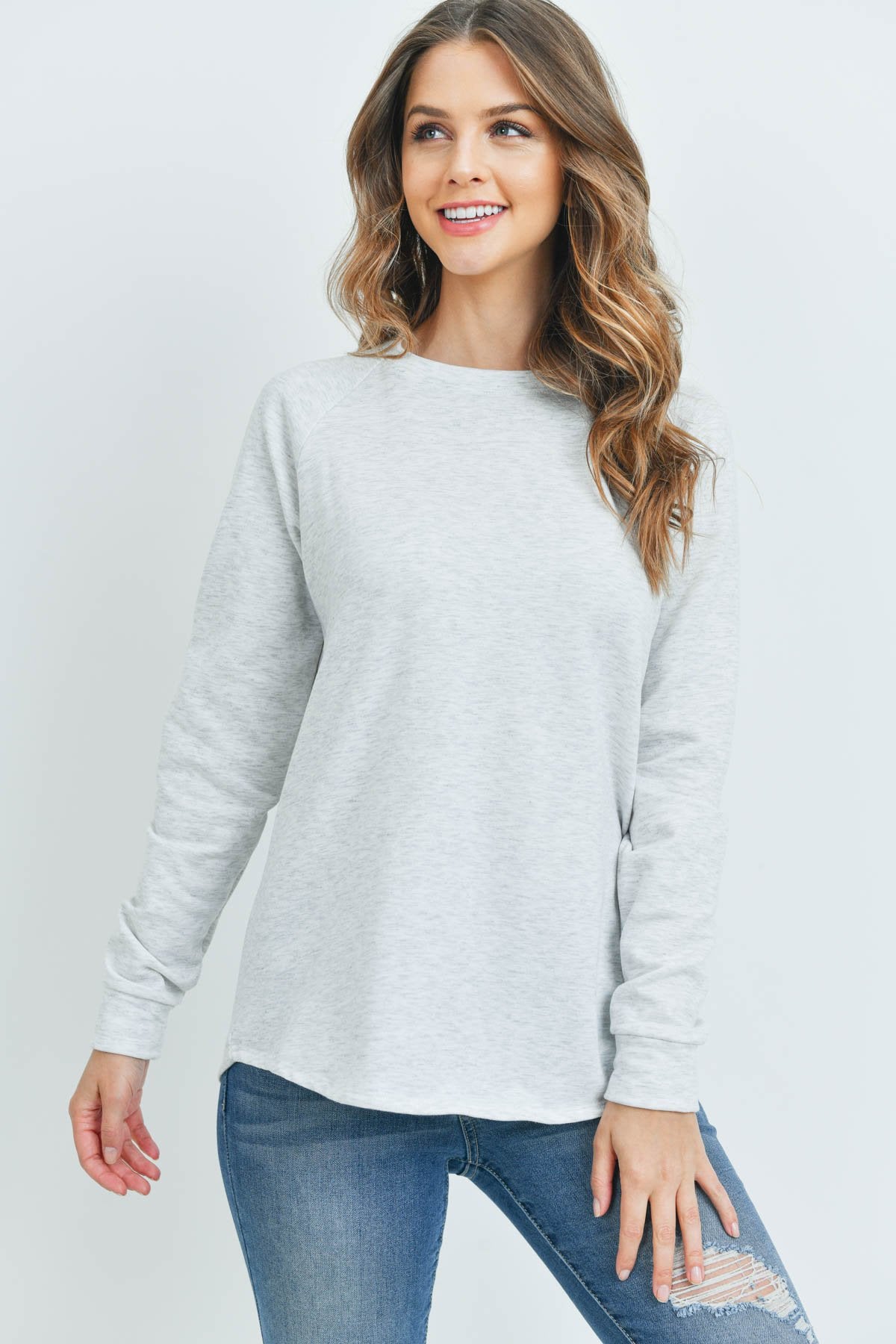 Solid French Terry Brushed Back Round Neck Long Sleeved Top