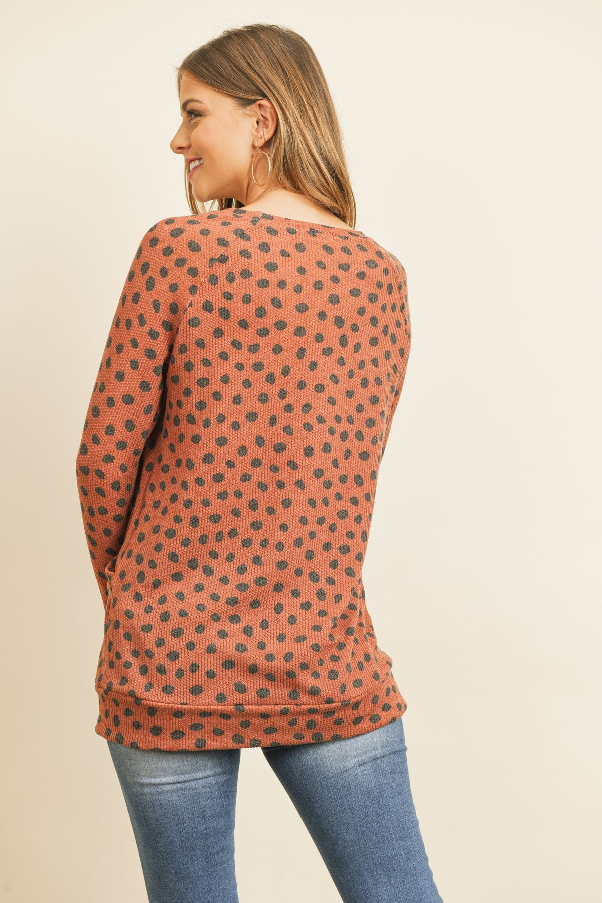 Animal Print Rib Detail Long Sleeved Pocket Top