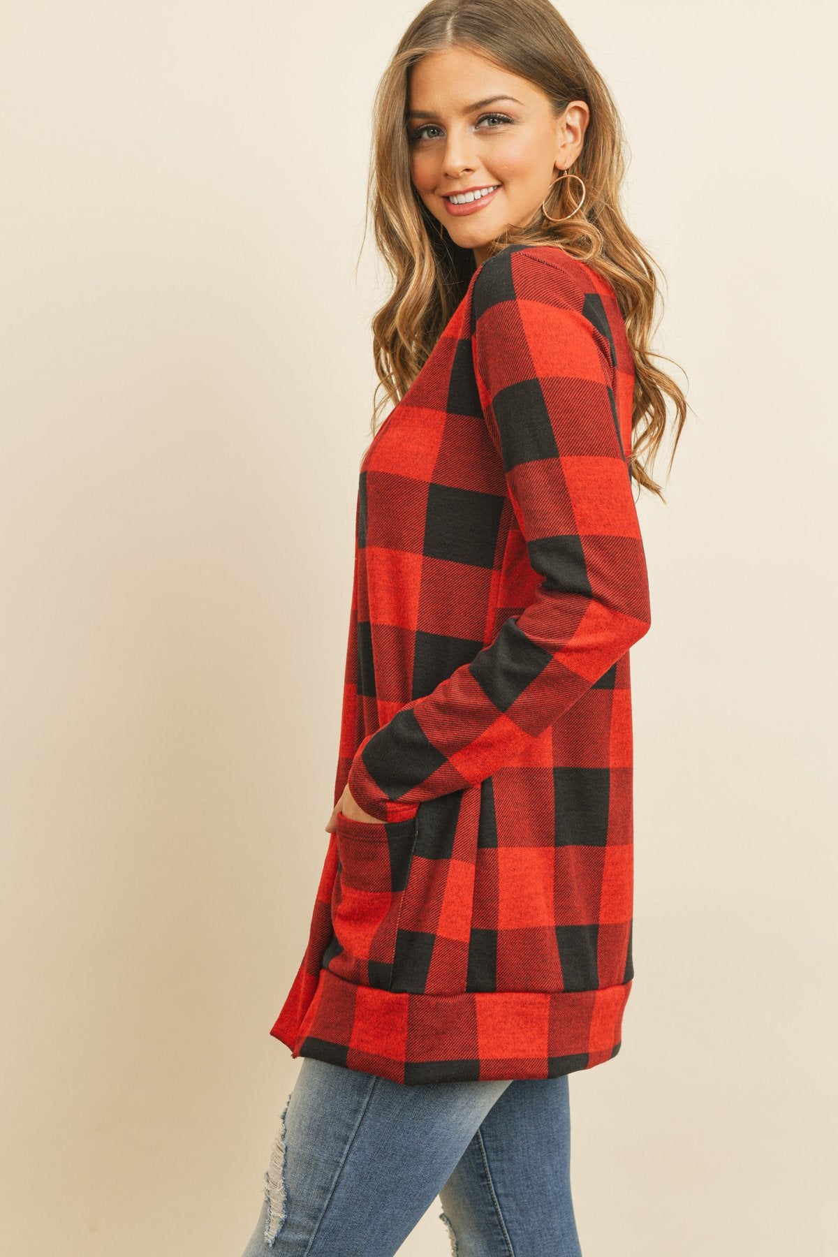 Plaid Long Sleeved Front Pocket Open Cardigan