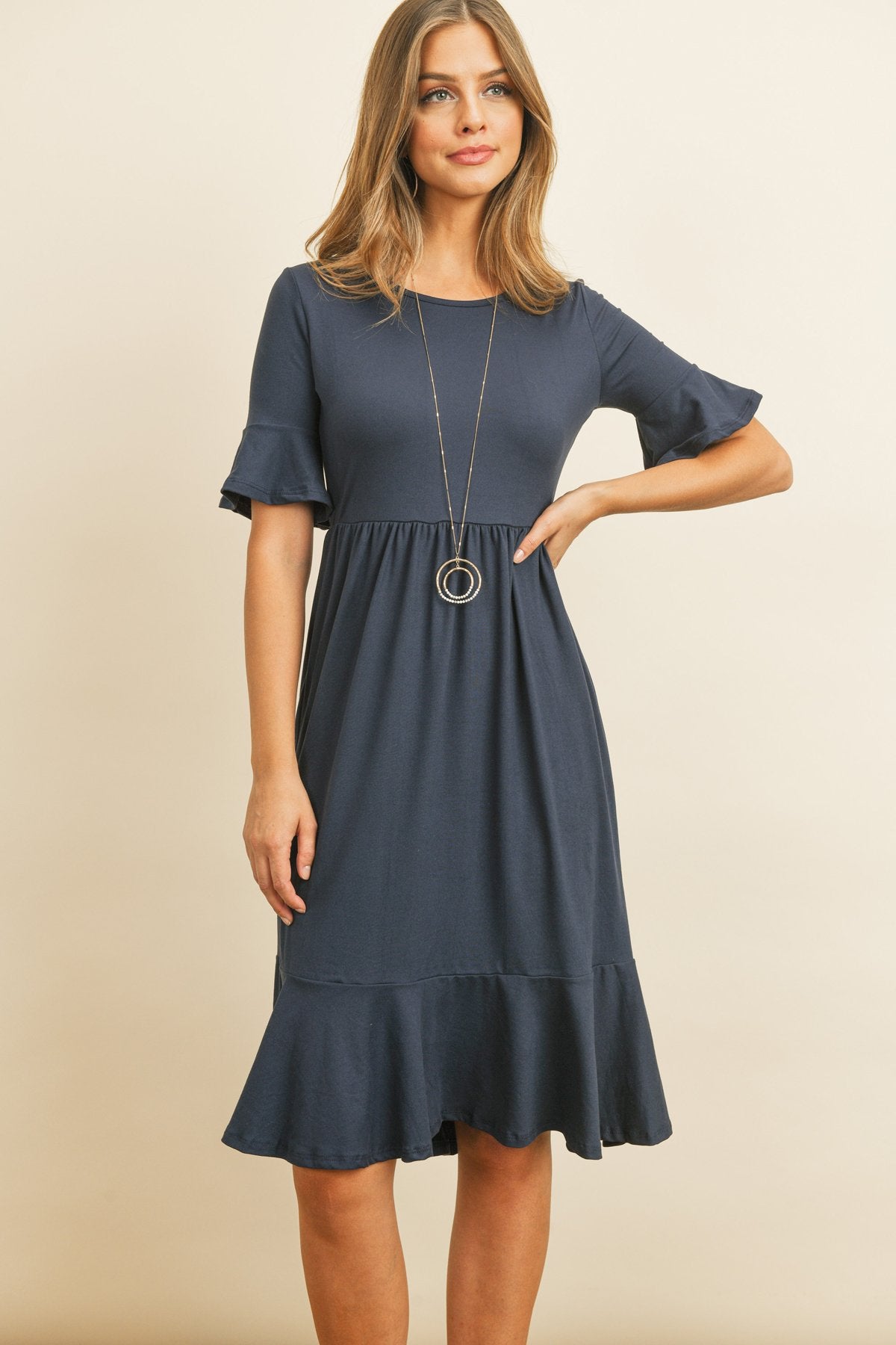 Solid Cinch Waist Ruffle Dress