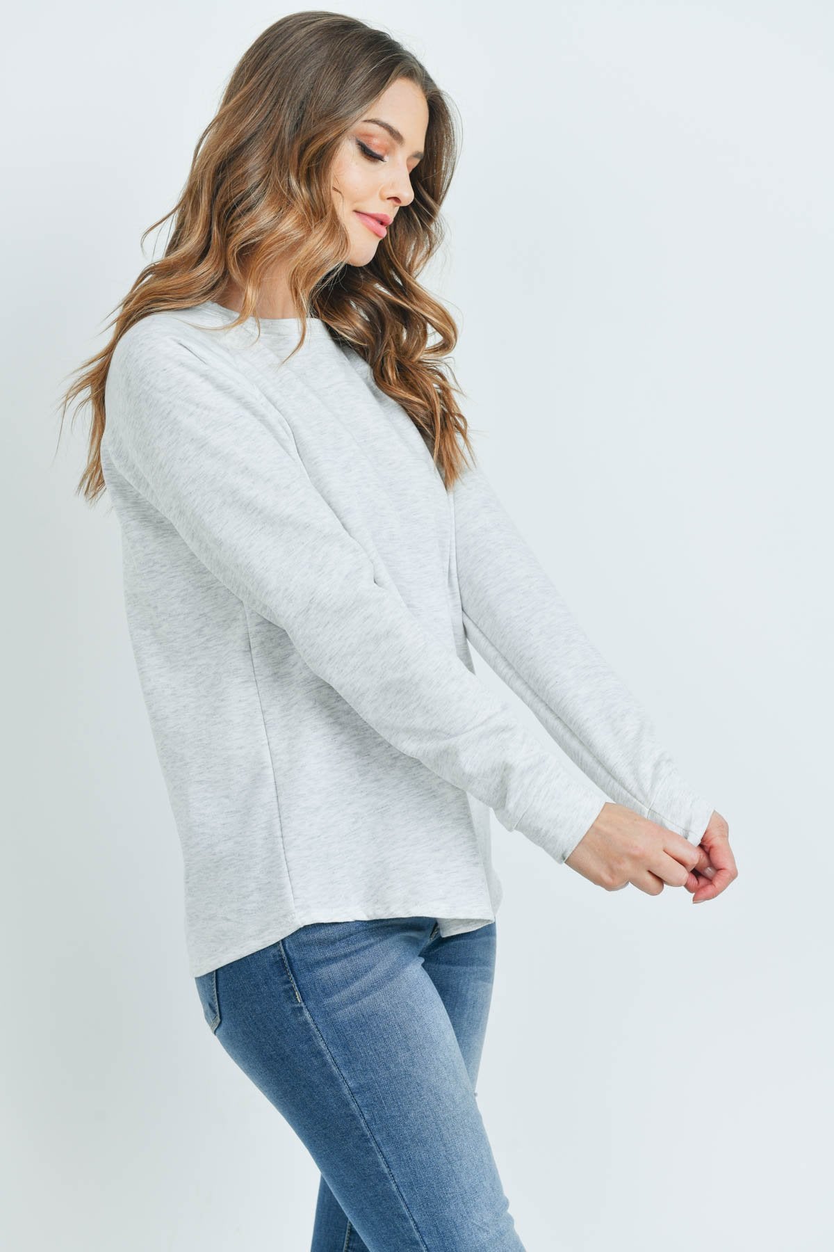 Solid French Terry Brushed Back Round Neck Long Sleeved Top