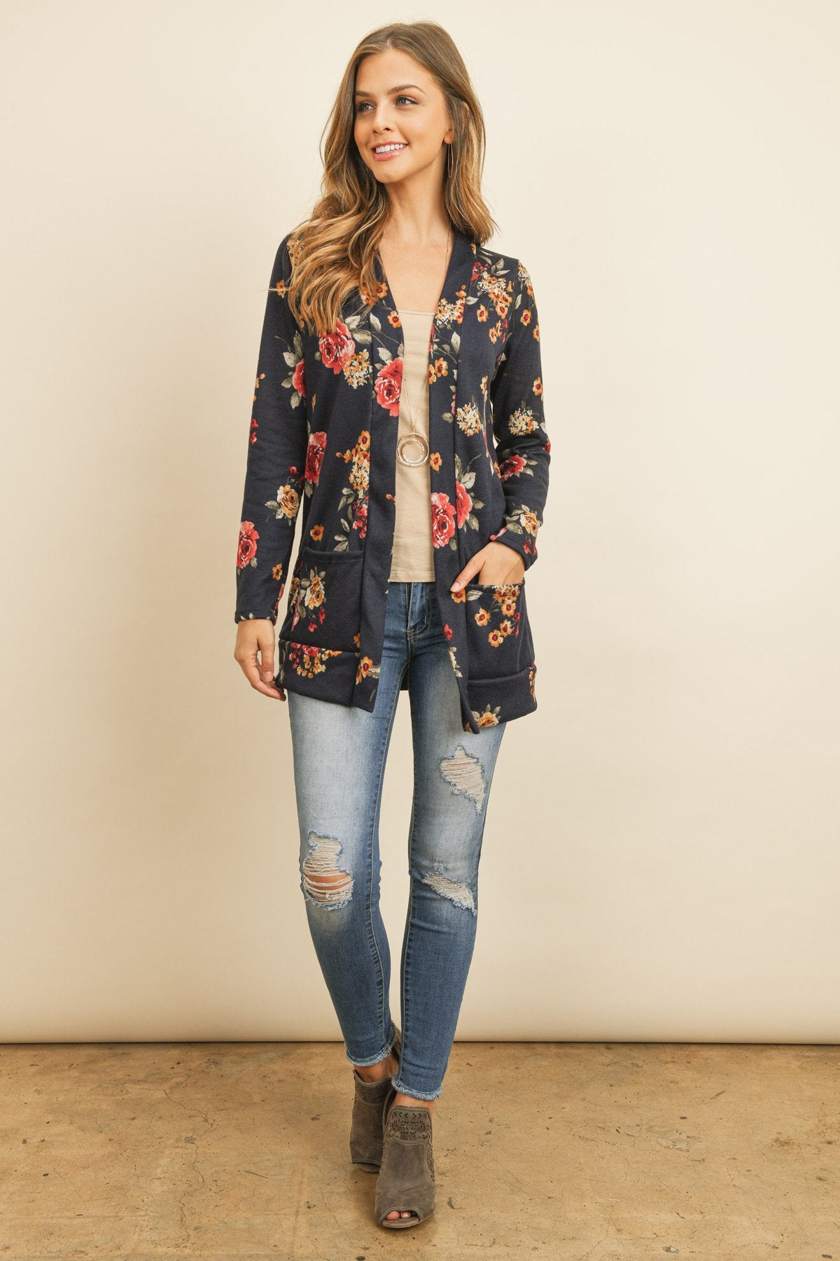 Floral Print Brushed Hacci Cardigan With Pockets