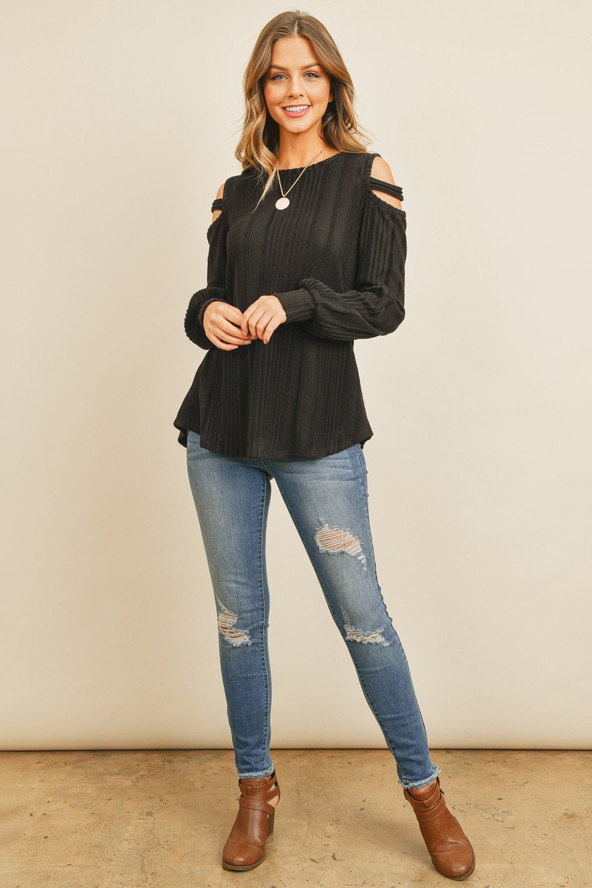 Ladder Open Should Long Sleeved Rib Detail Top