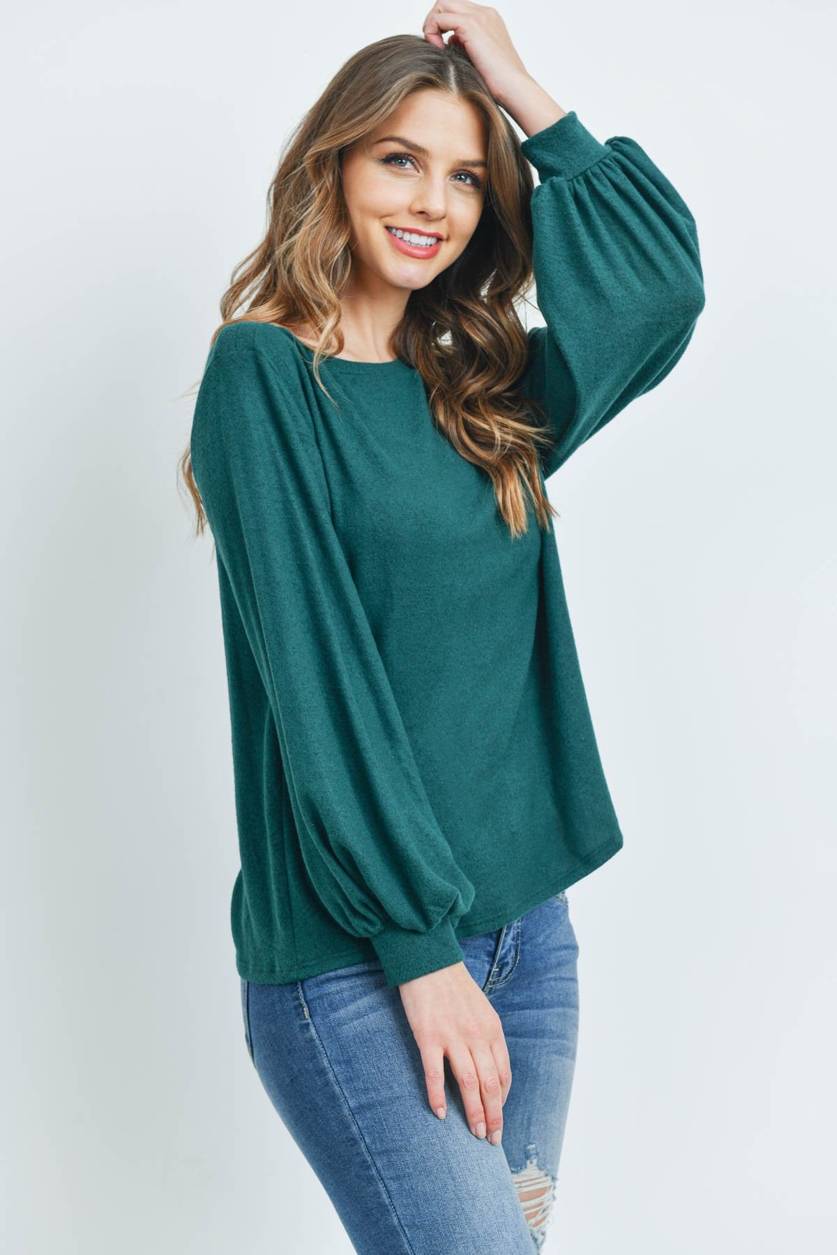 Puff Sleeved Boat Neck Two Toned Brushed Hacci Top