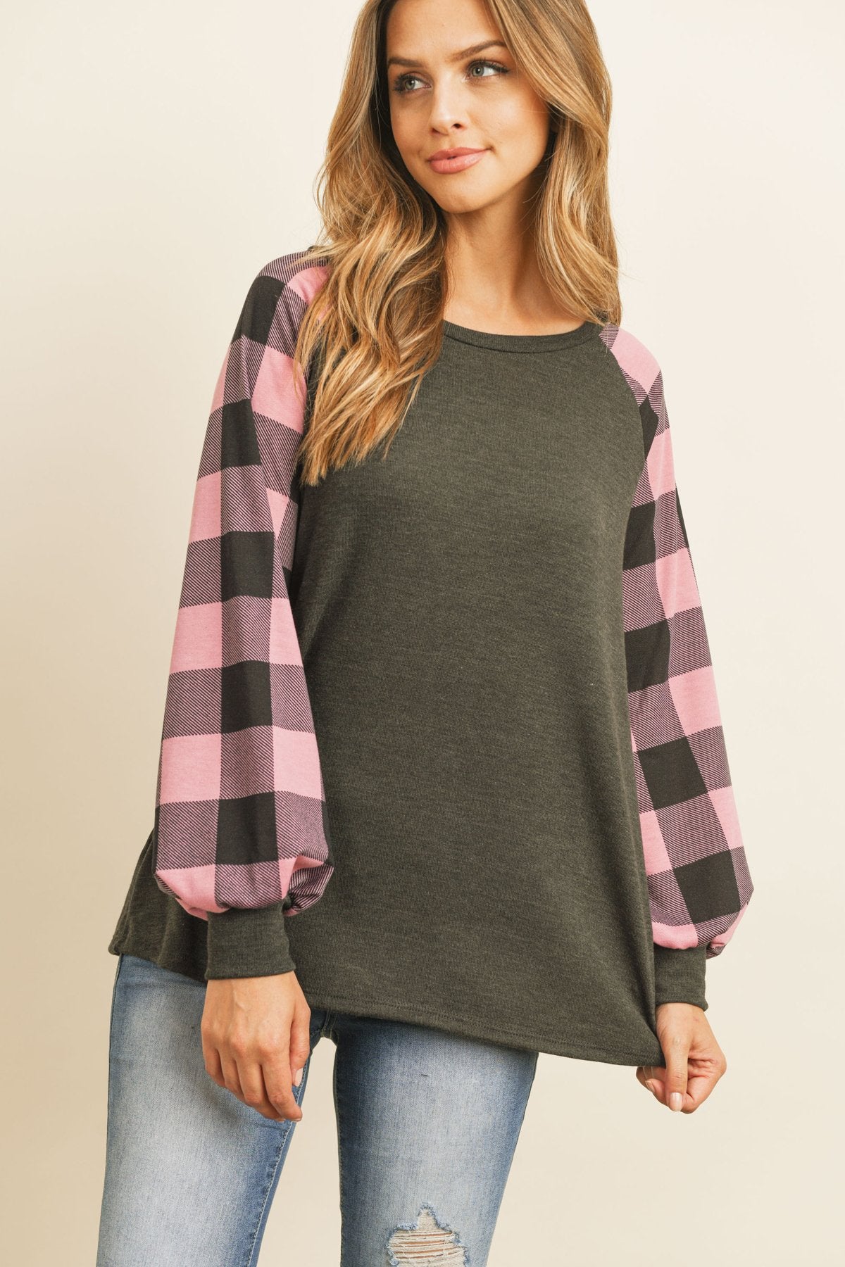 Plaid Puff Sleeved Round Neck Top