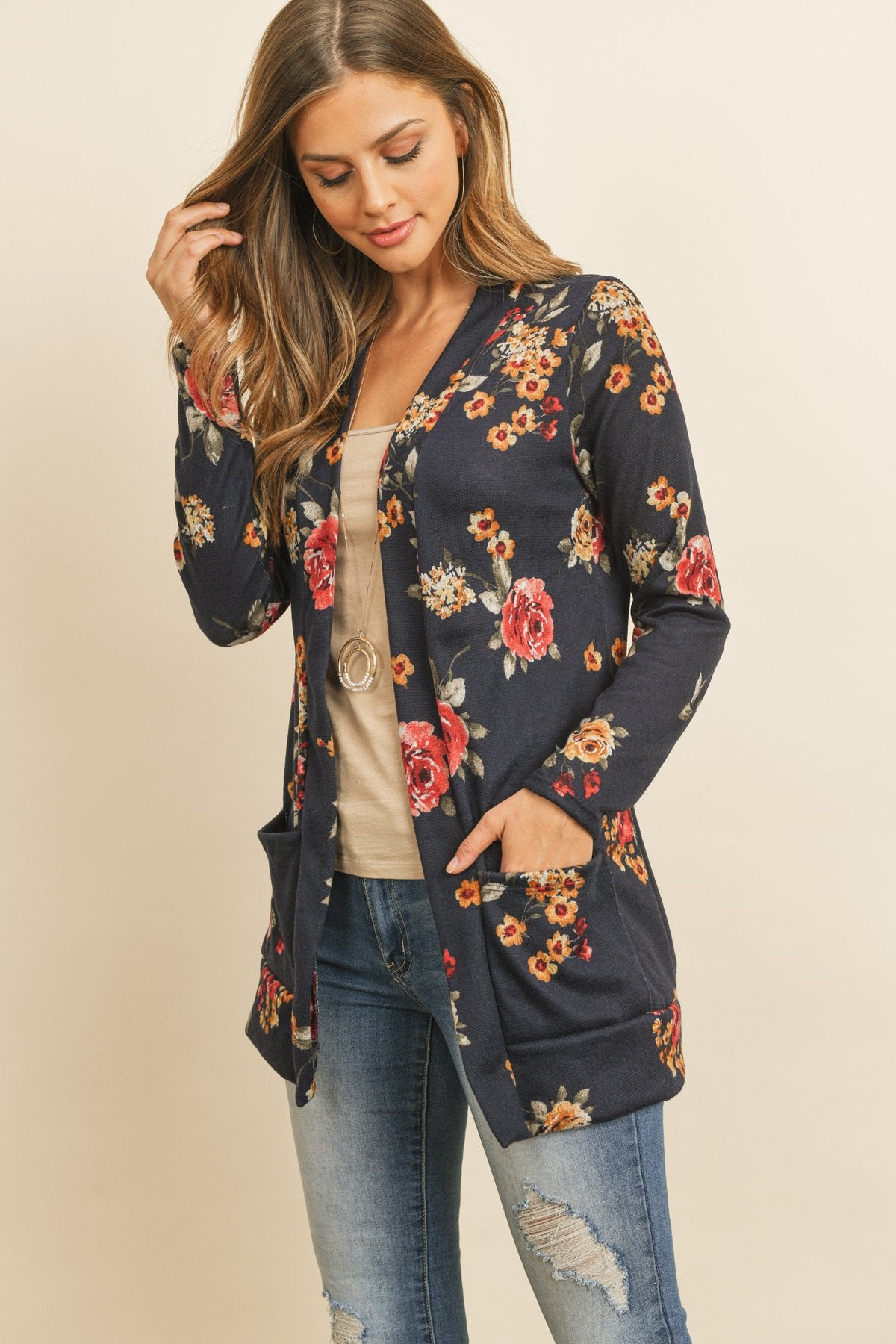 Floral Print Brushed Hacci Cardigan With Pockets