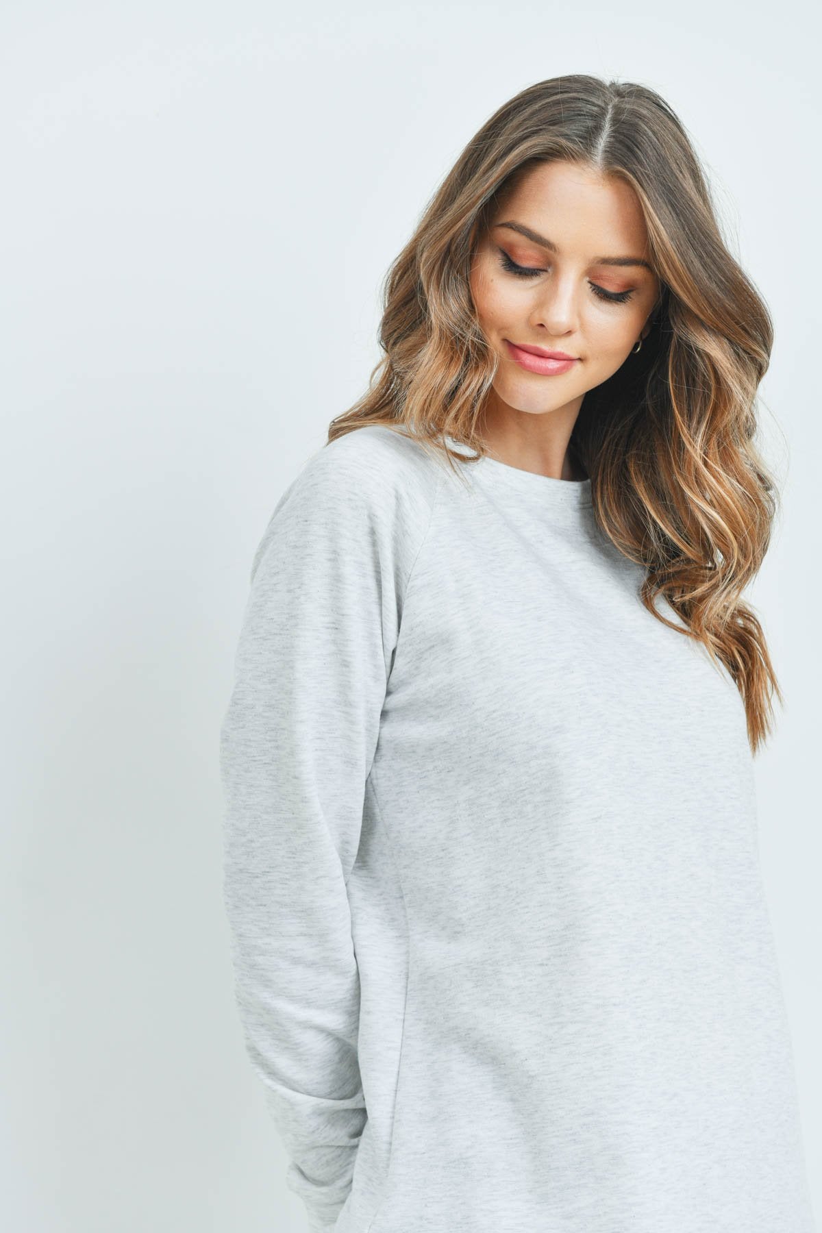 Solid French Terry Brushed Back Round Neck Long Sleeved Top