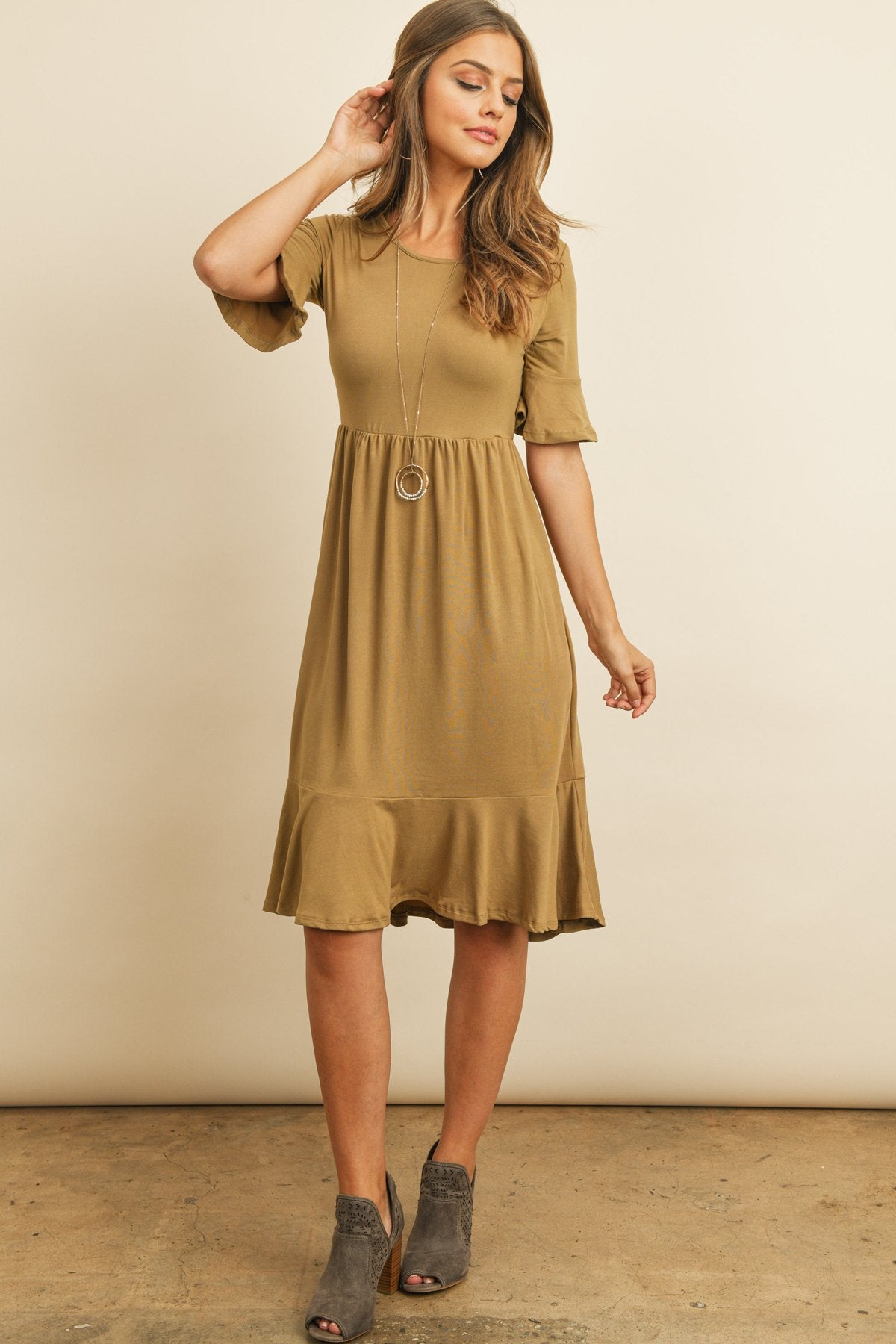 Solid Cinch Waist Ruffle Dress