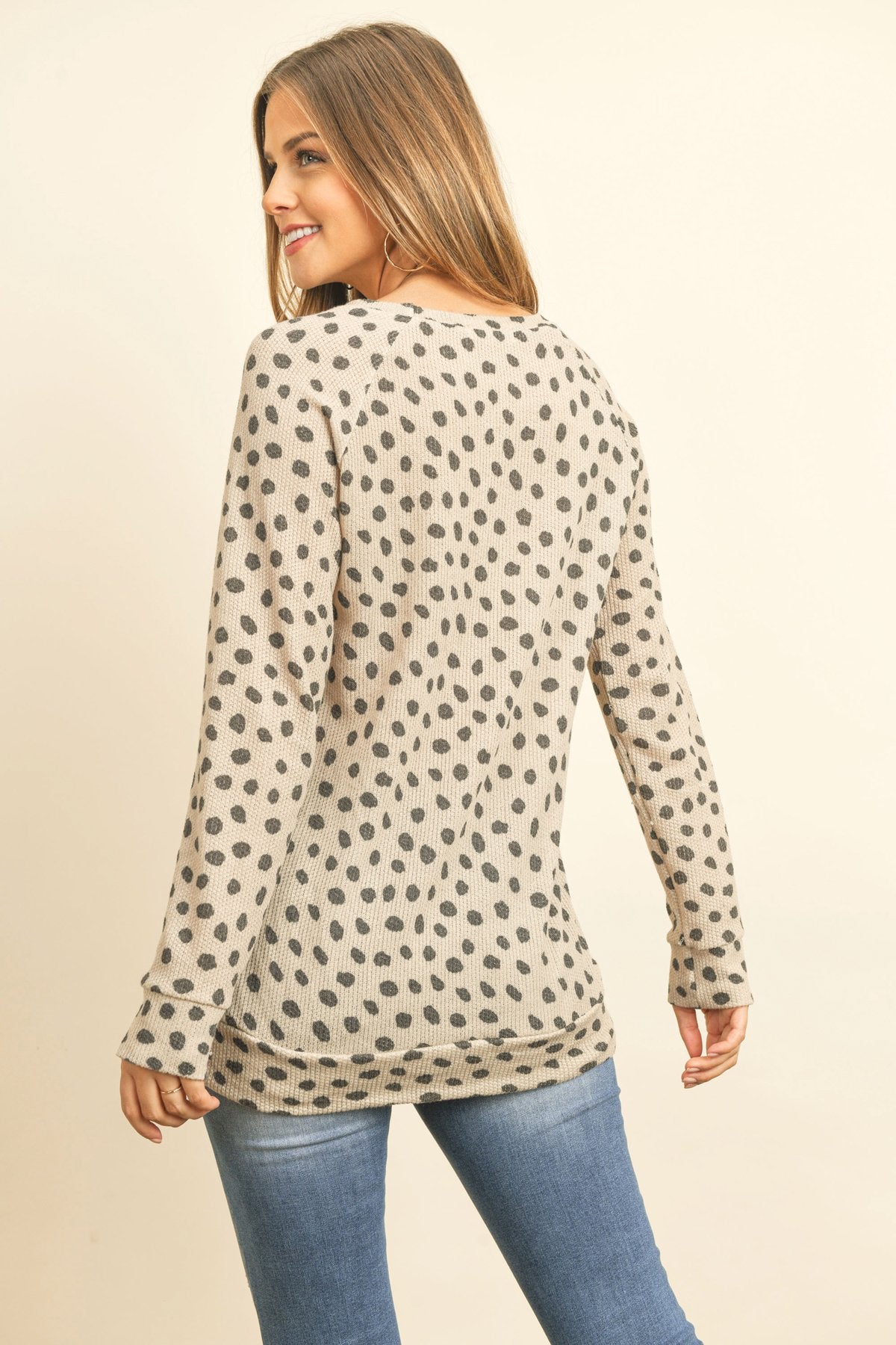 Animal Print Rib Detail Long Sleeved Pocket Top