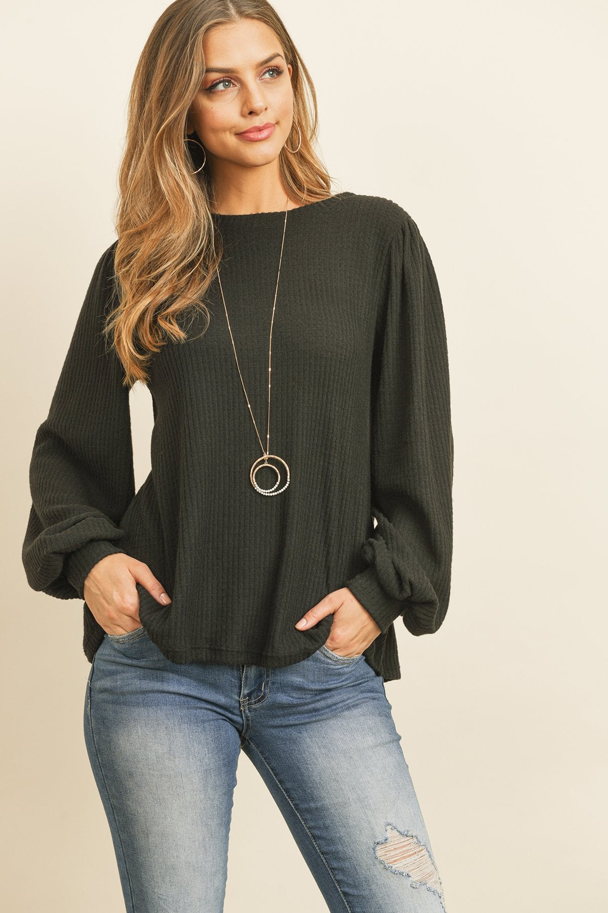 Puff Sleeved Waffle Top