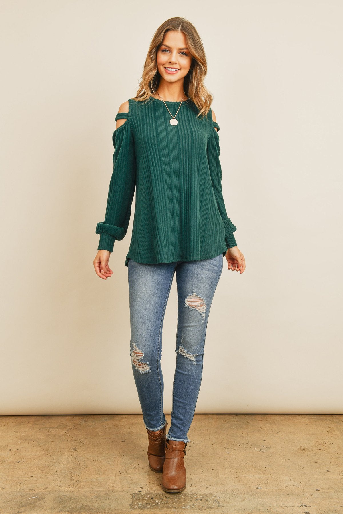 Ladder Open Should Long Sleeved Rib Detail Top