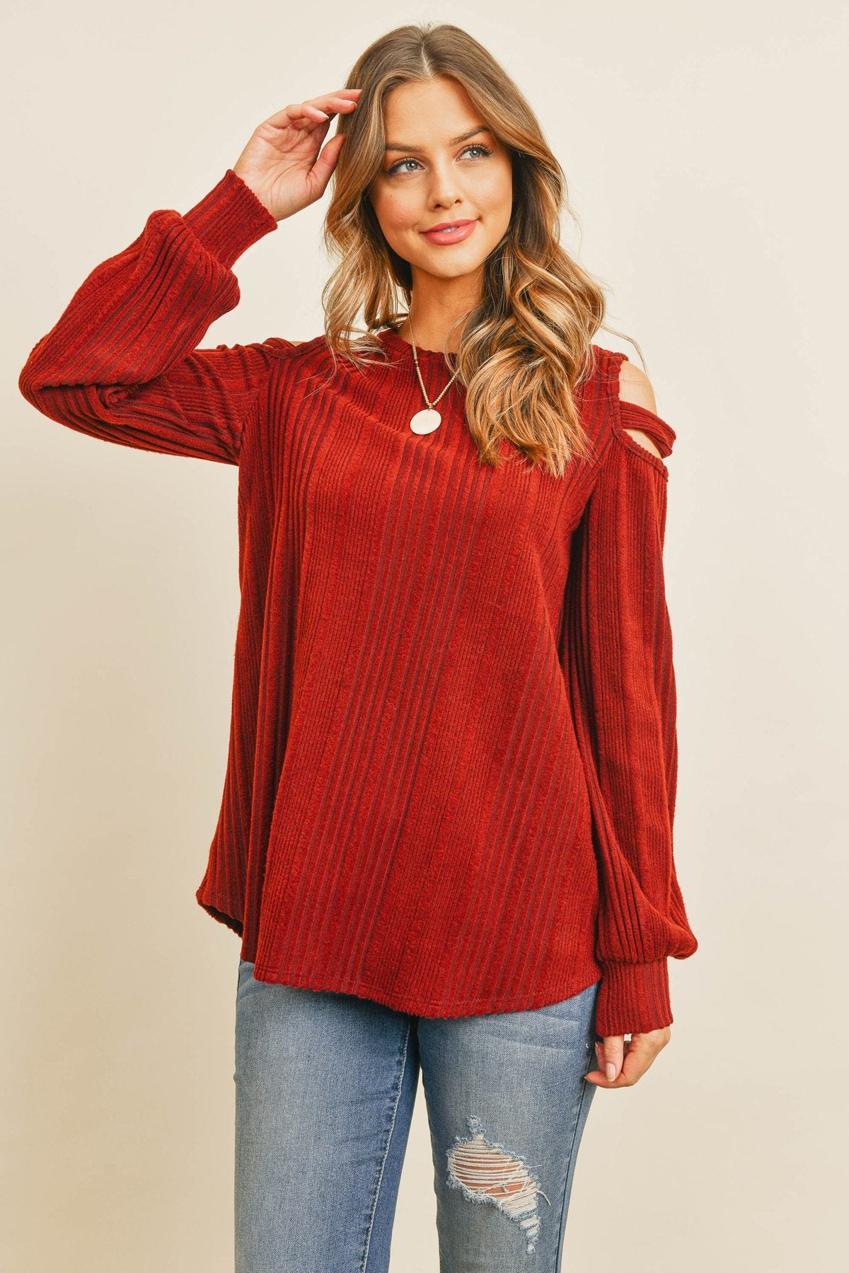 Ladder Open Should Long Sleeved Rib Detail Top