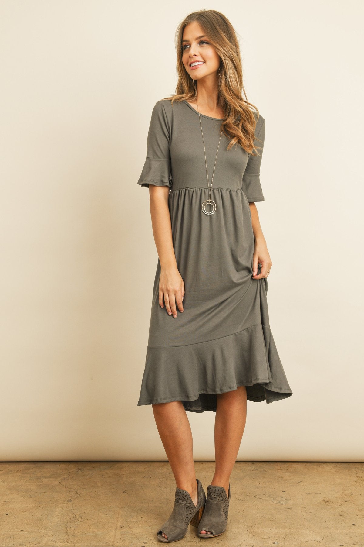 Solid Cinch Waist Ruffle Dress