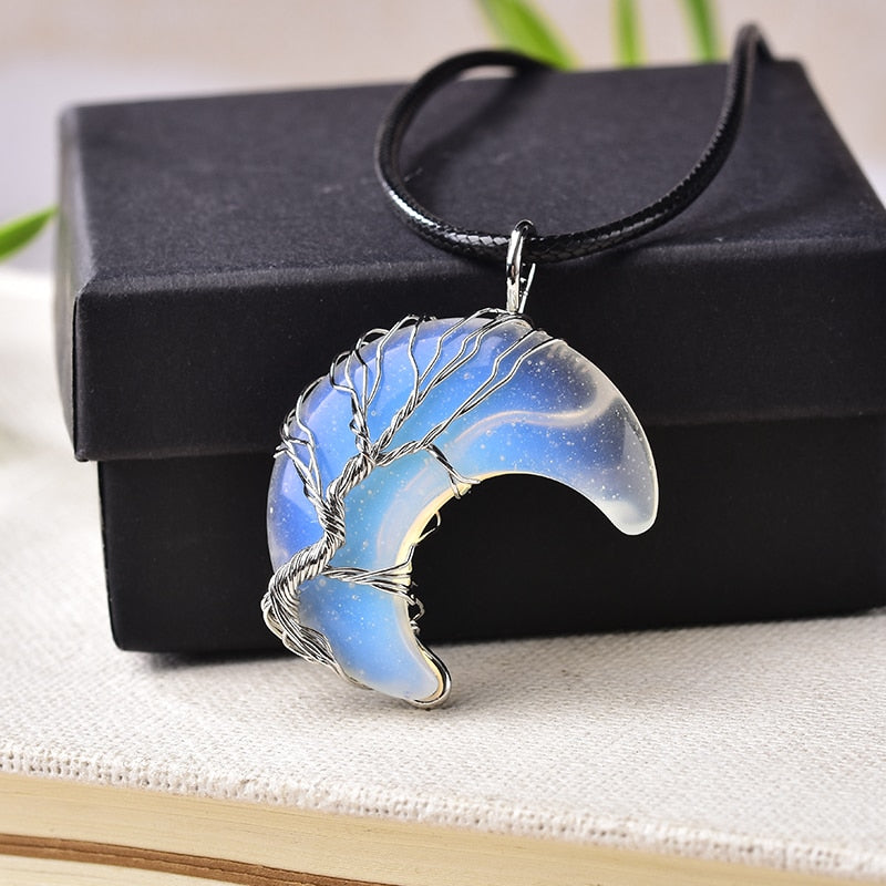 1PC Natural Crystal Pendant Tree of Life Moon Shape Reiki Polished Mineral Jewelry Healing Stone for Men Women Jewelry Gift