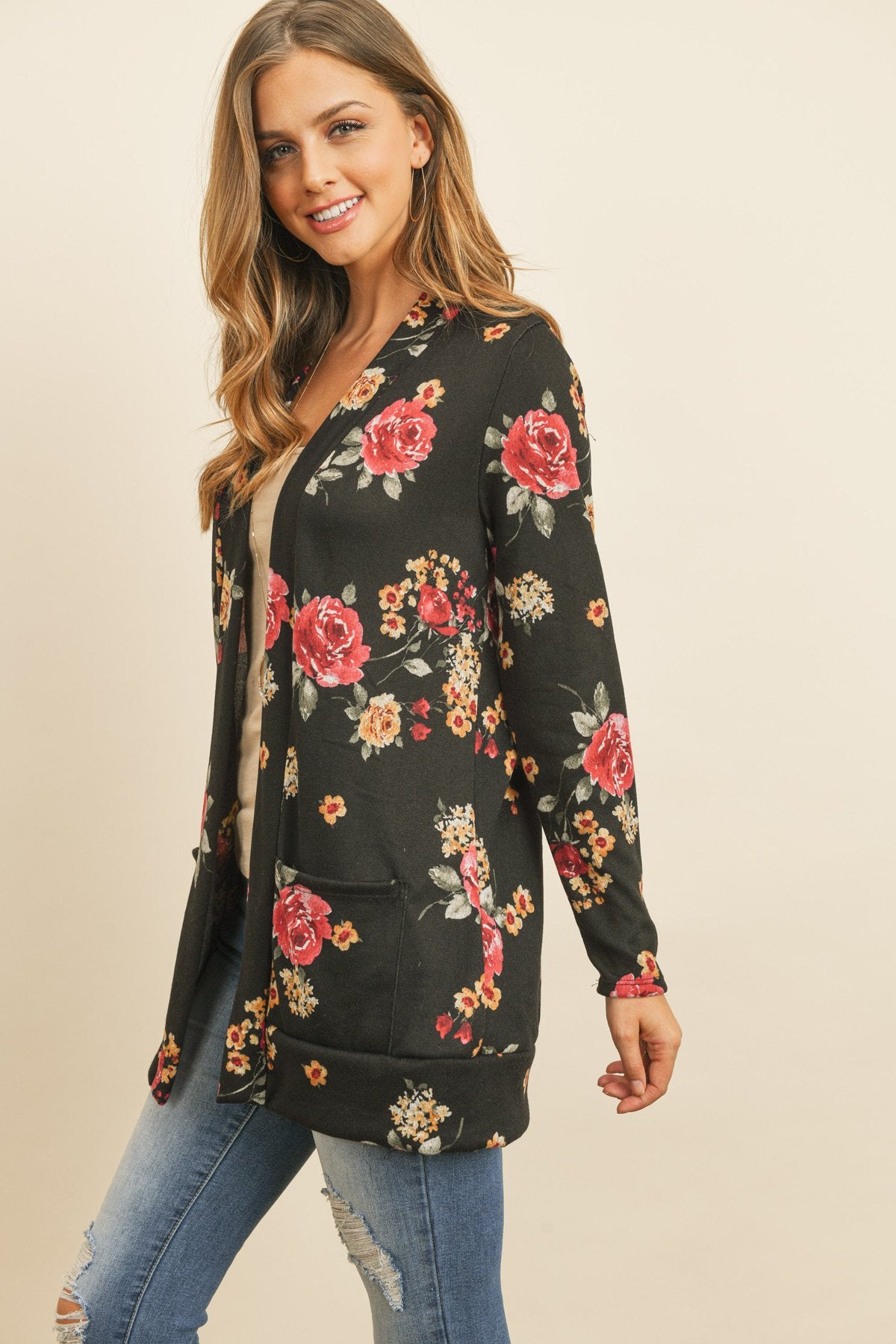 Floral Print Brushed Hacci Cardigan With Pockets