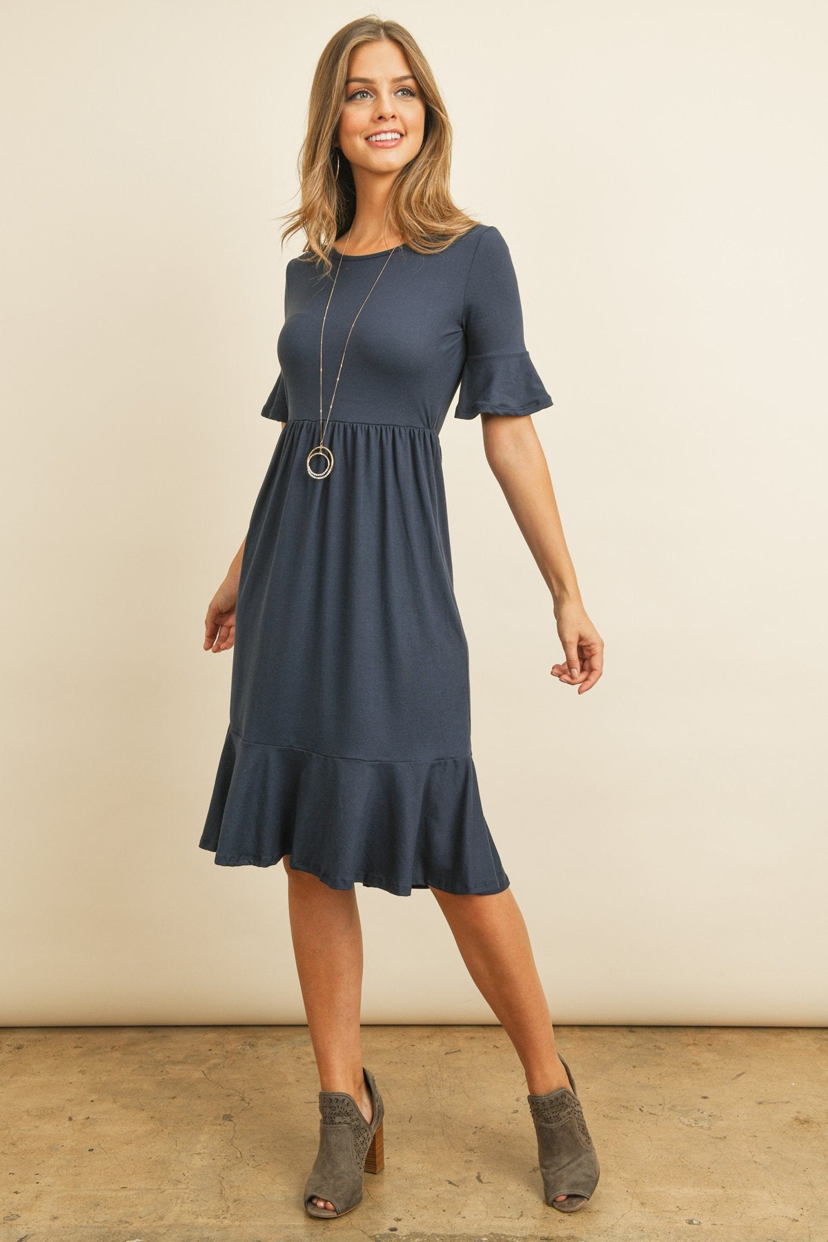 Solid Cinch Waist Ruffle Dress