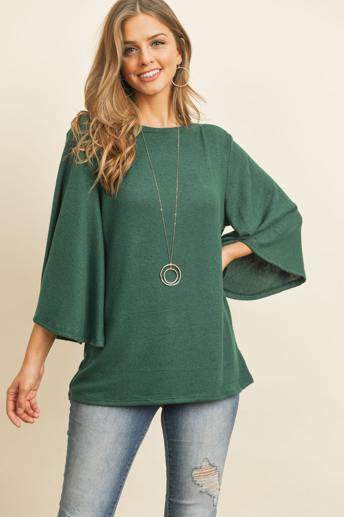 Boat Neck Bell Sleeve Solid Hacci Brushed Top