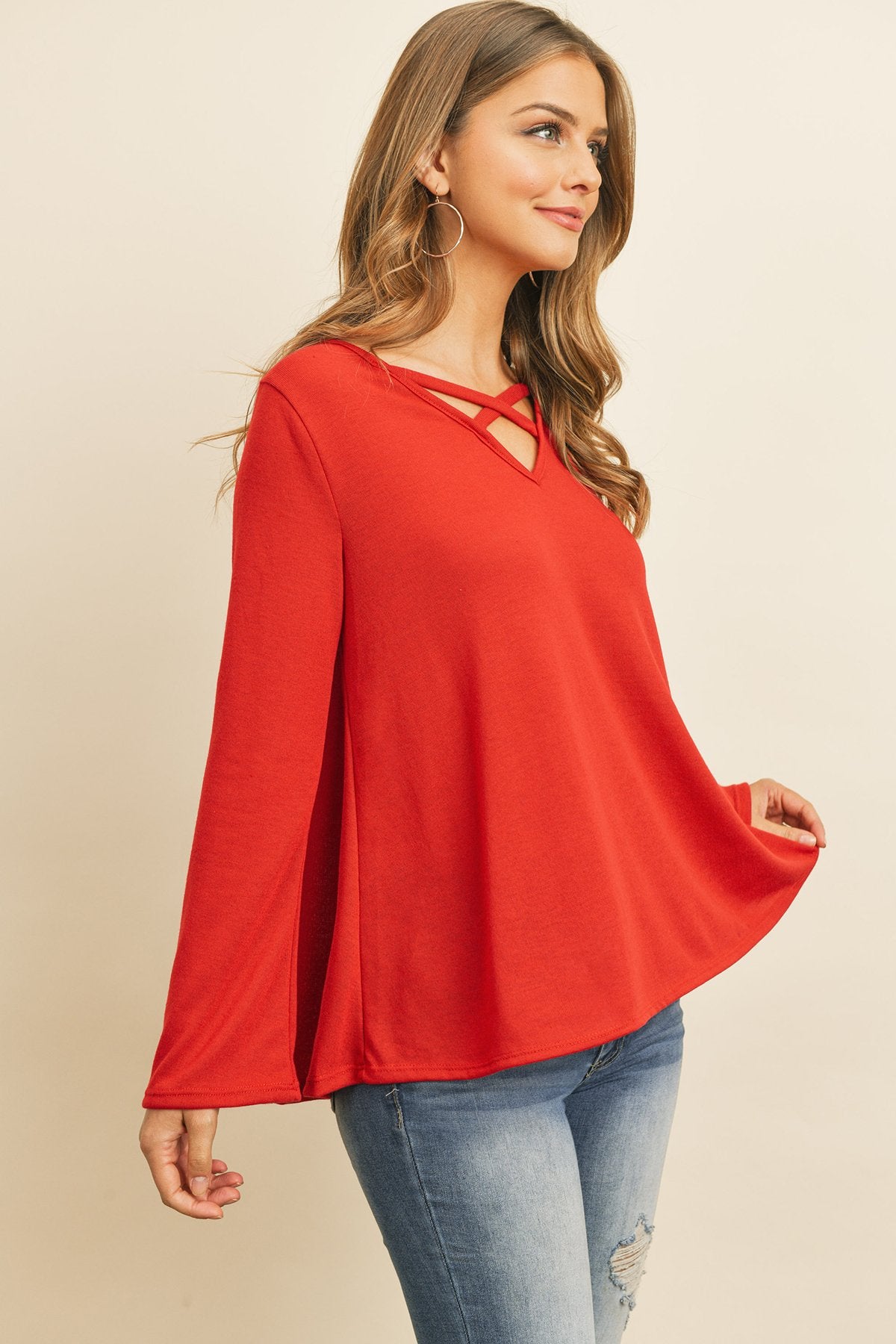 Criss Cross Neck Long Sleeve Hacci Top