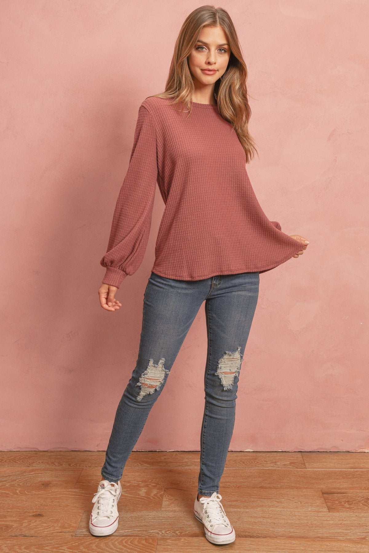 Puff Sleeved Waffle Top