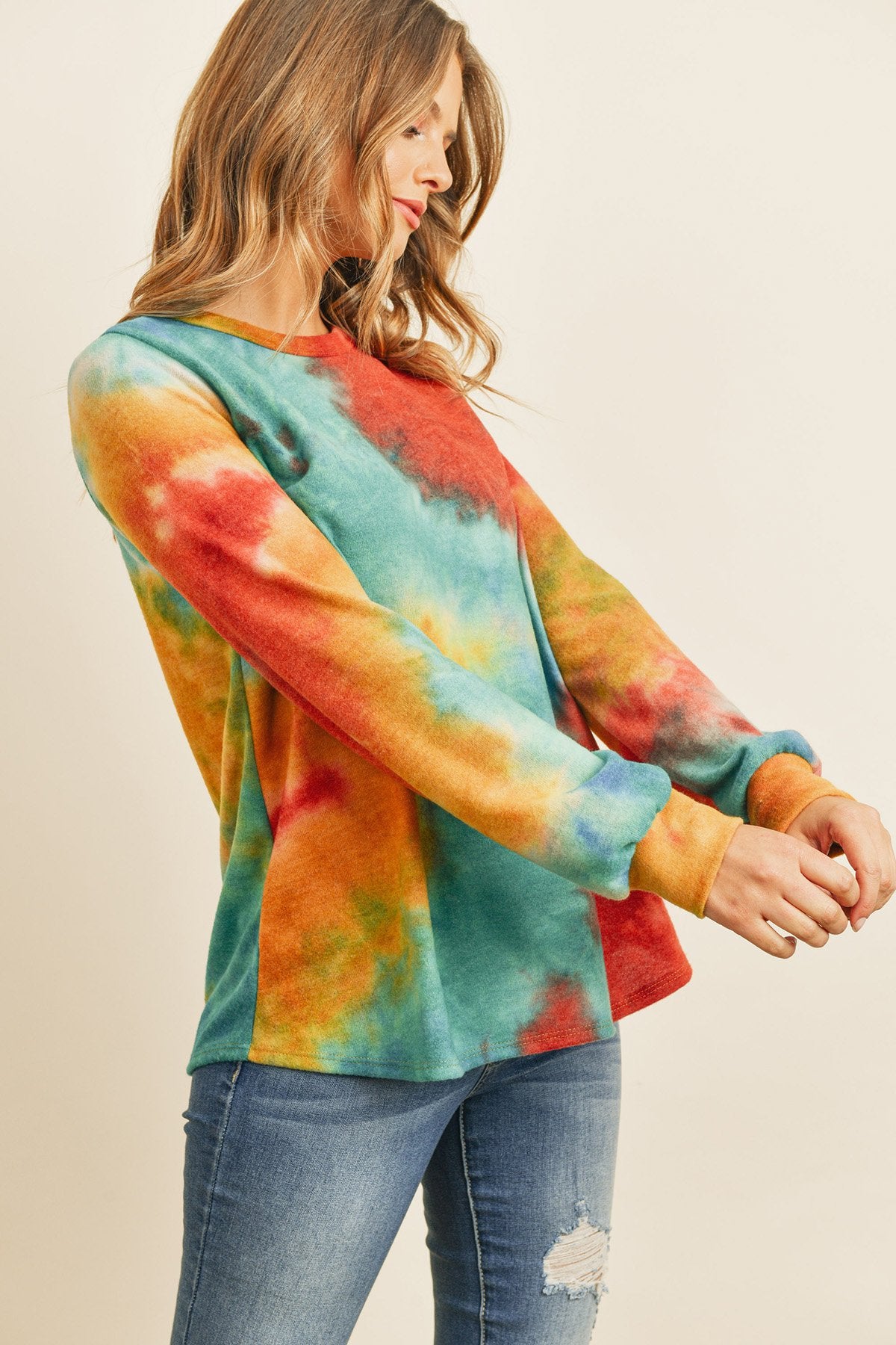 Long Sleeve Boat Neck Tie Dye Round Hem Top