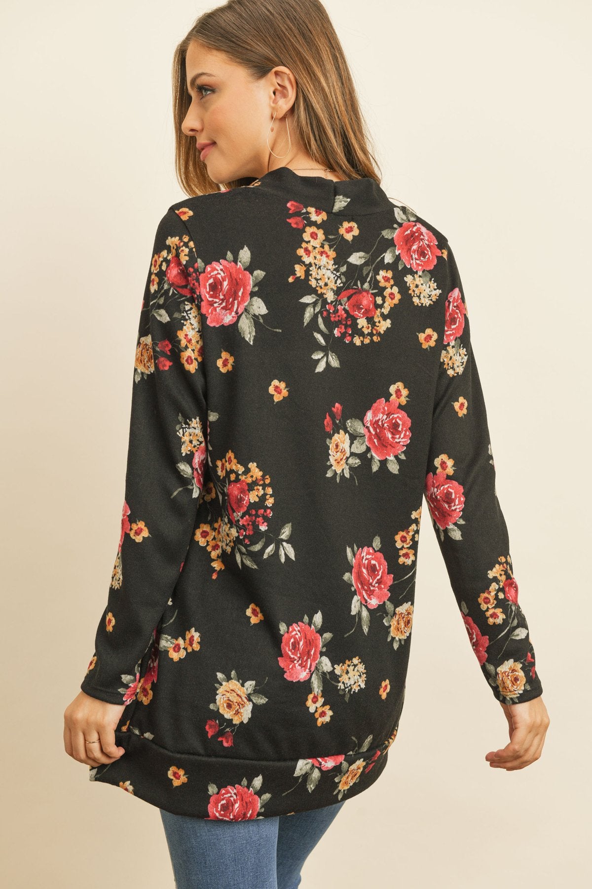 Floral Print Brushed Hacci Cardigan With Pockets