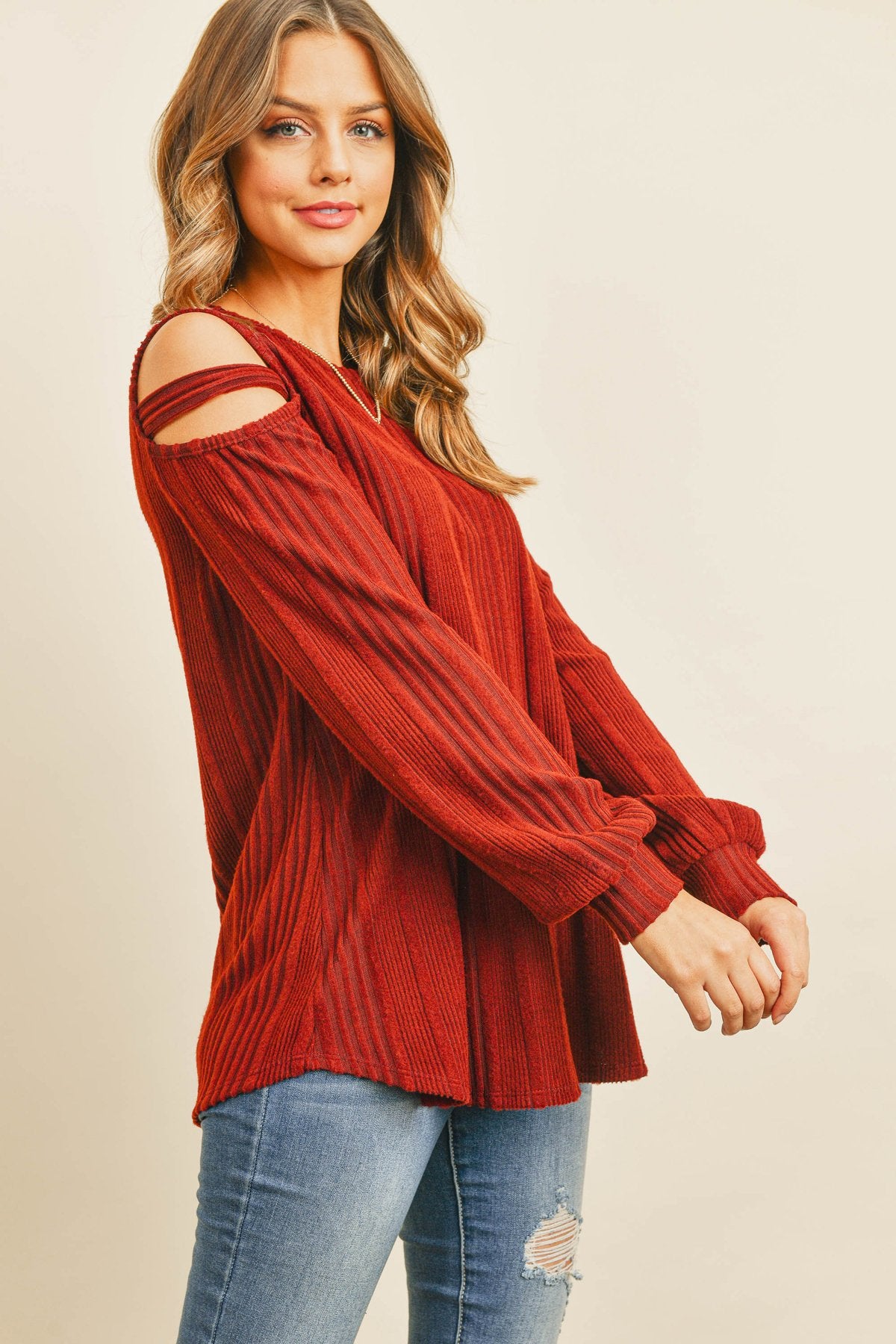 Ladder Open Should Long Sleeved Rib Detail Top