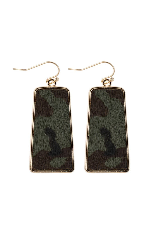 Camouflage Leather Printed Bar Dangling Fish Hook Earrings