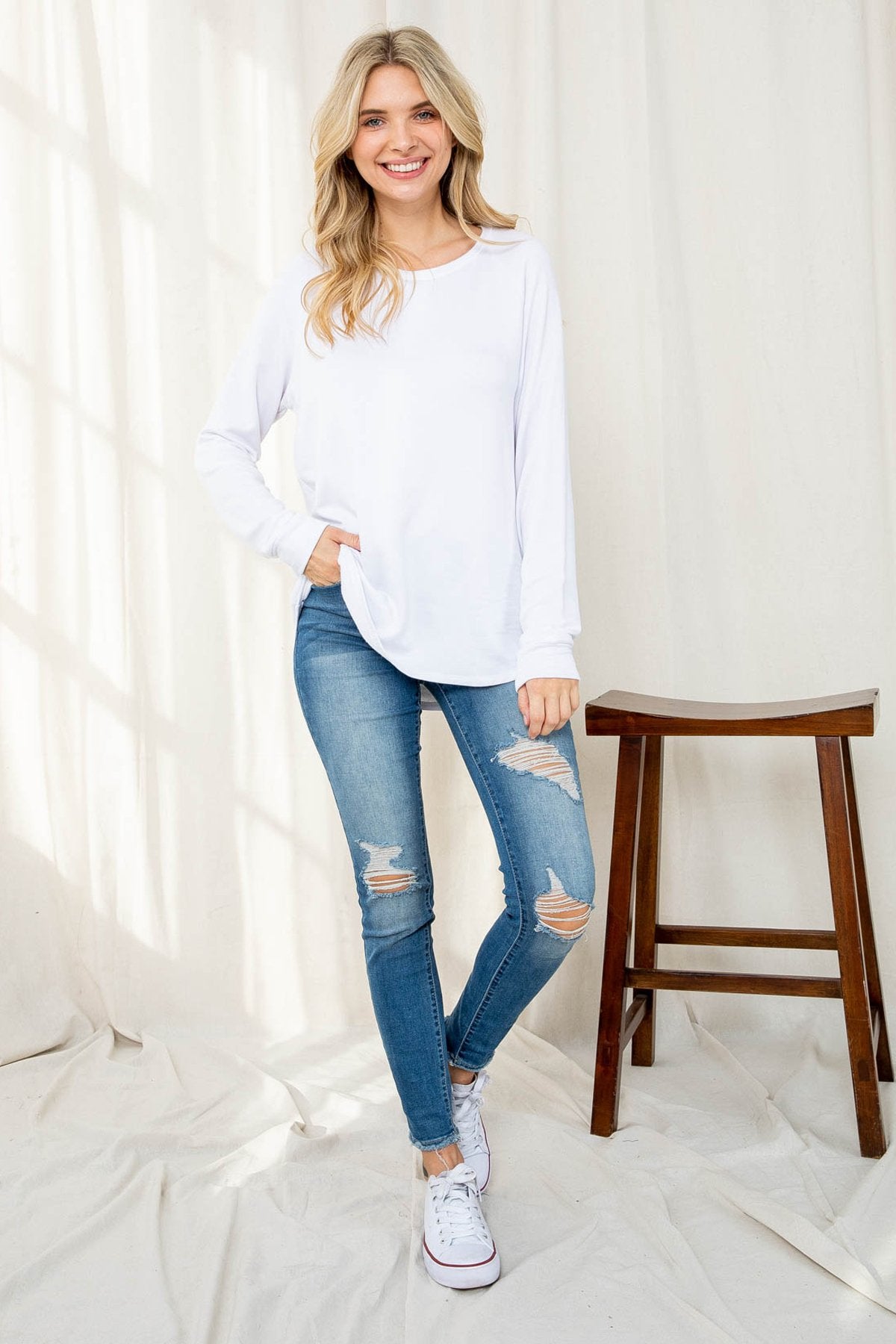 Solid French Terry Brushed Back Round Neck Long Sleeved Top