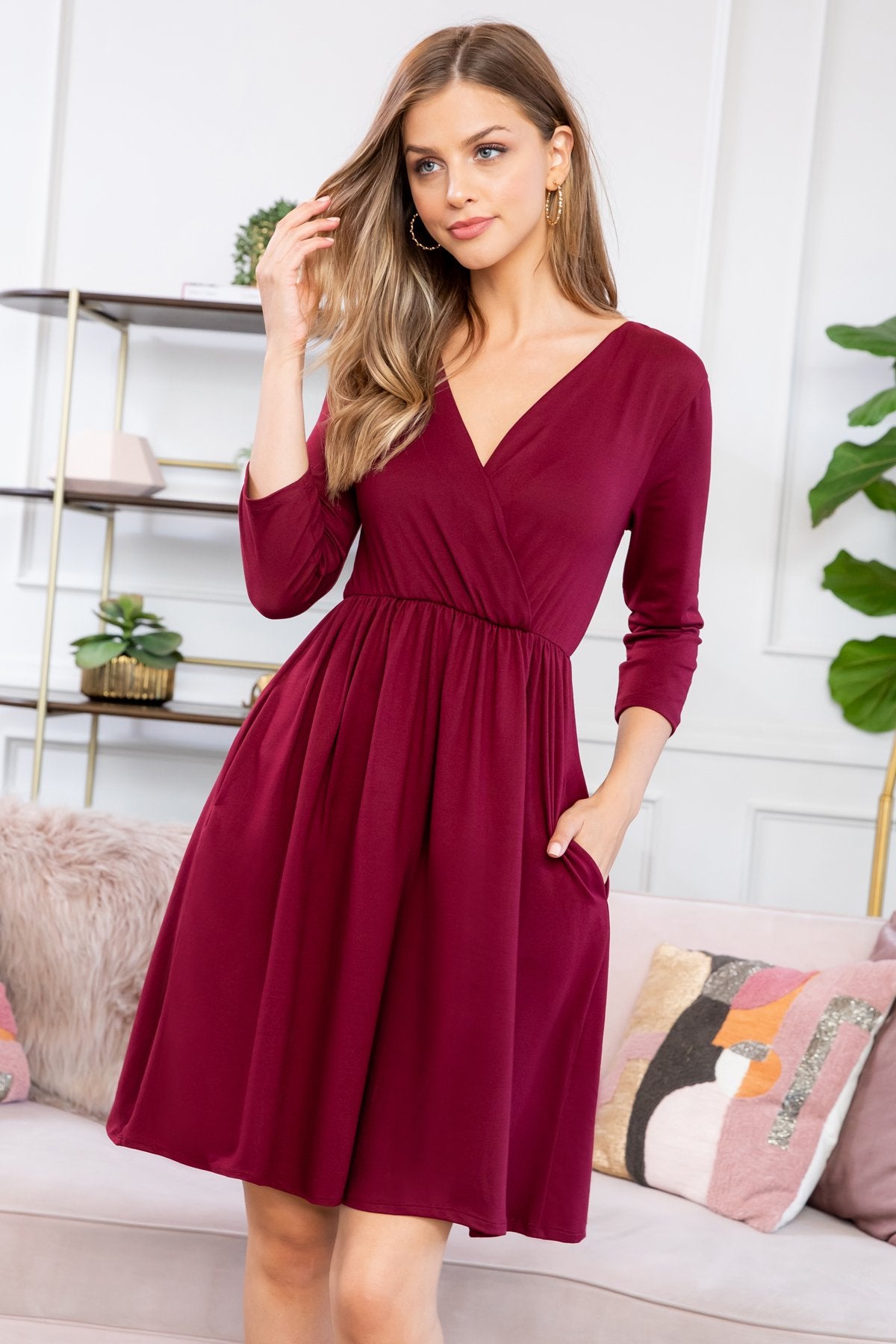 Solid 3/4 Wrap Surplice Midi Dress