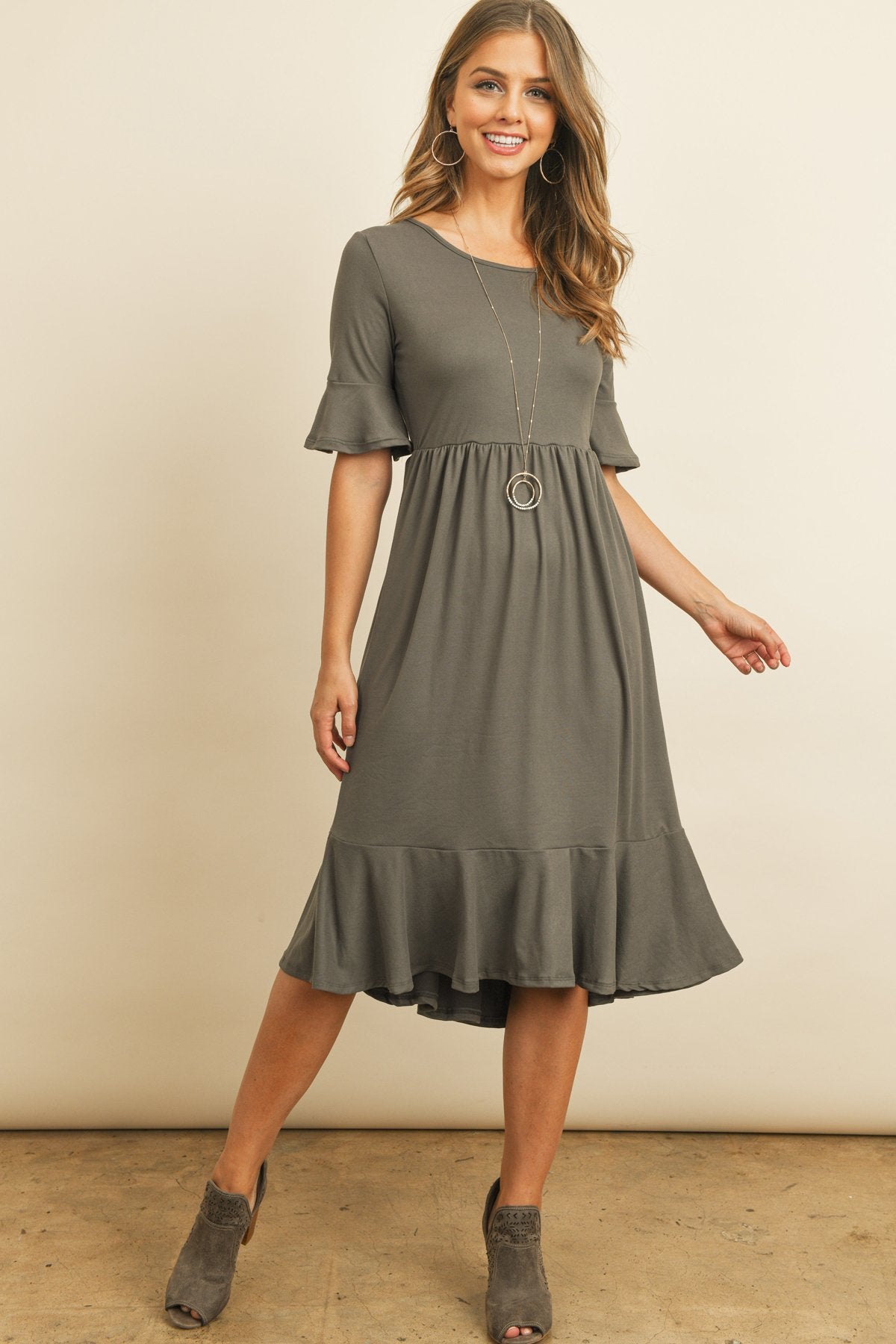 Solid Cinch Waist Ruffle Dress