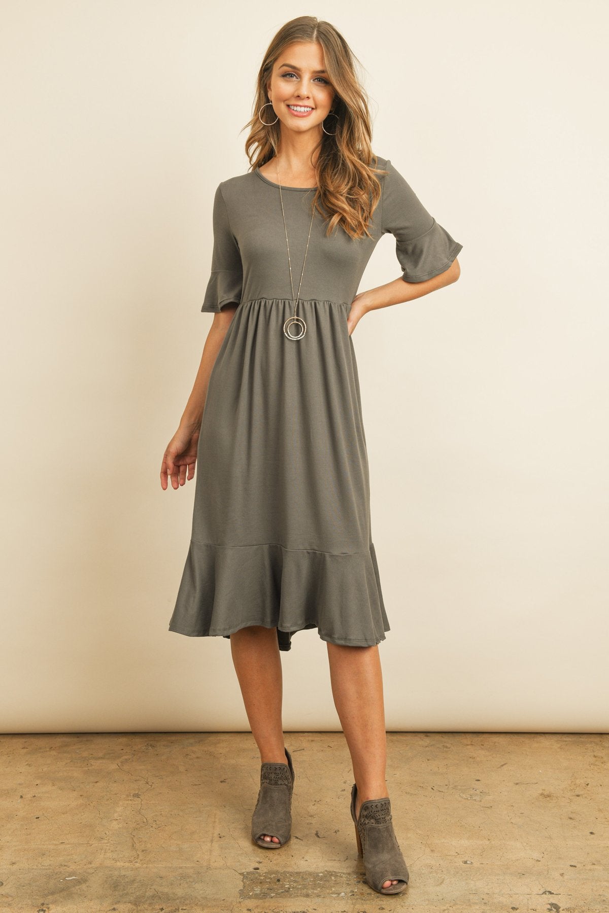 Solid Cinch Waist Ruffle Dress