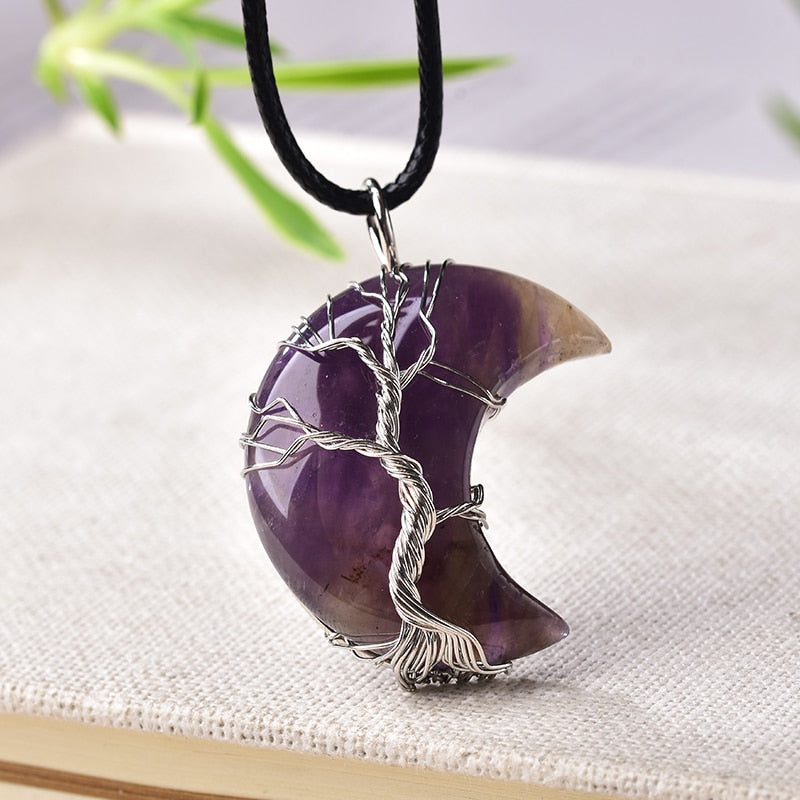 1PC Natural Crystal Pendant Tree of Life Moon Shape Reiki Polished Mineral Jewelry Healing Stone for Men Women Jewelry Gift