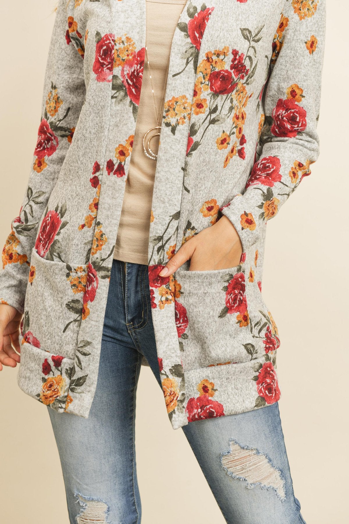 Floral Print Brushed Hacci Cardigan With Pockets