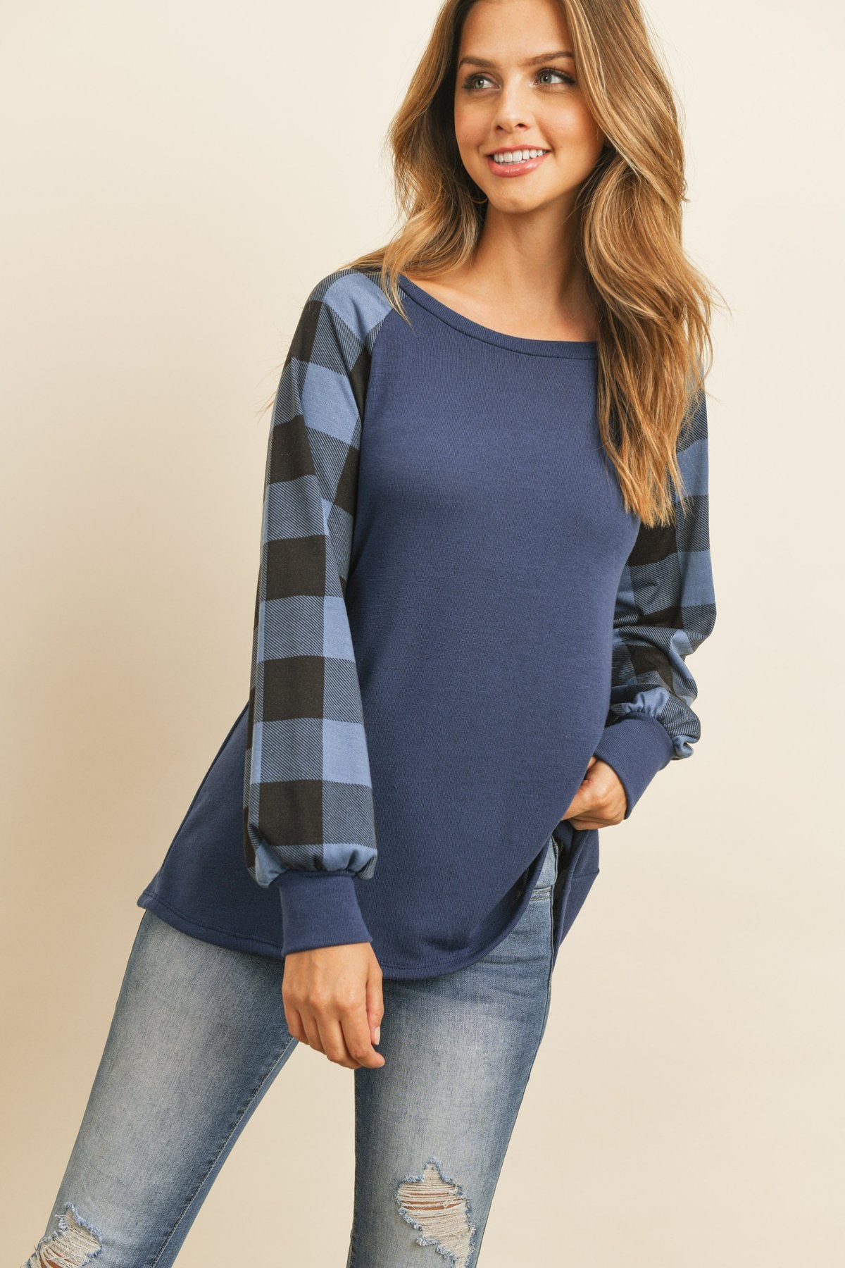 Plaid Puff Sleeved Round Neck Top