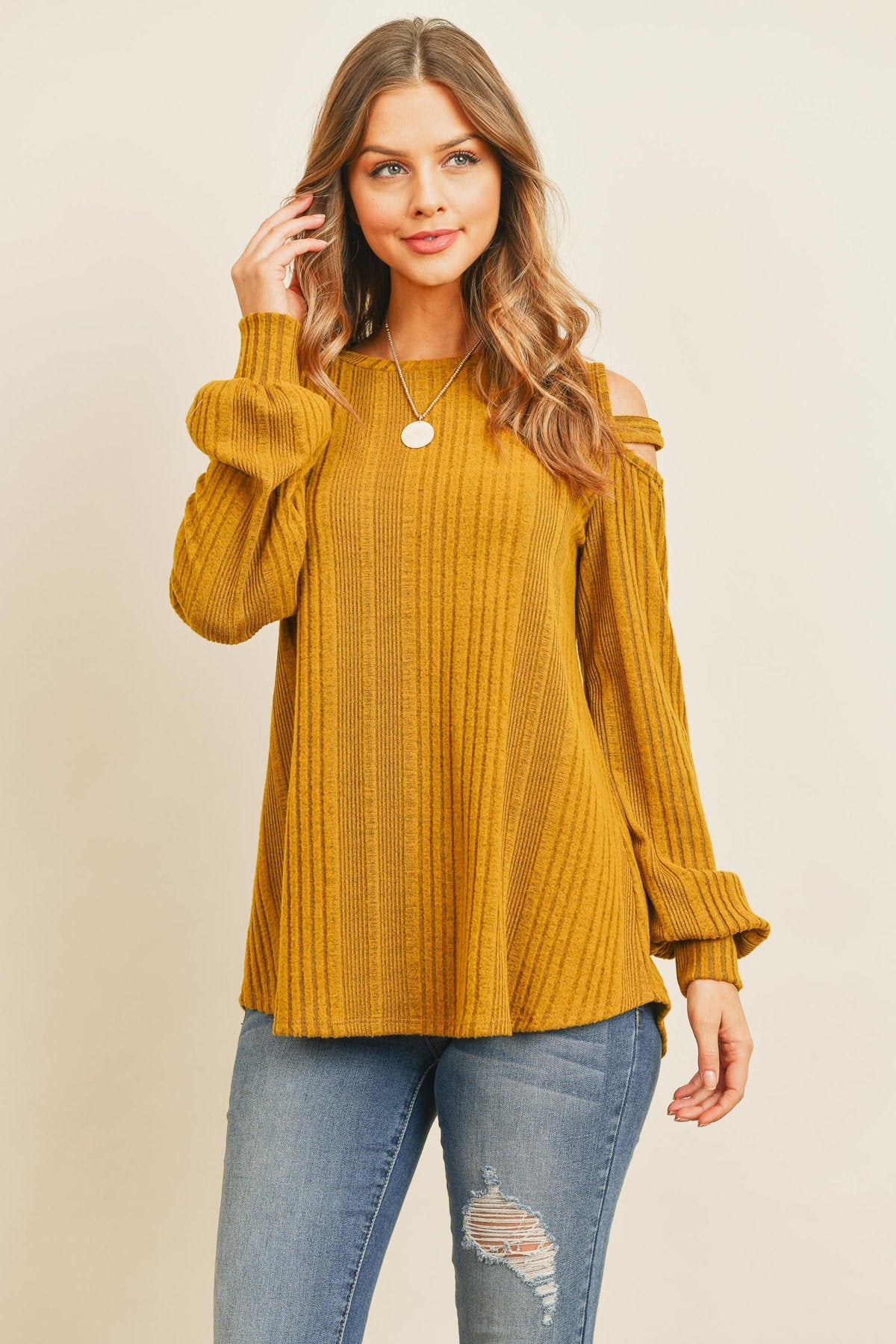 Ladder Open Should Long Sleeved Rib Detail Top