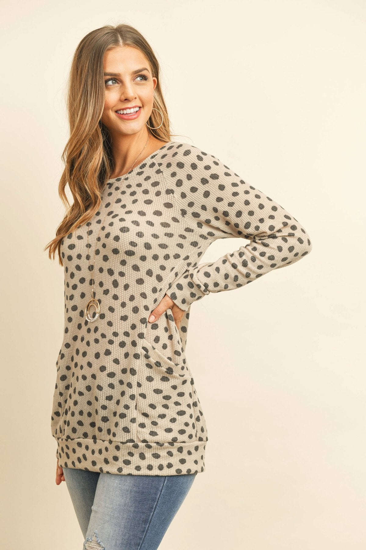 Animal Print Rib Detail Long Sleeved Pocket Top