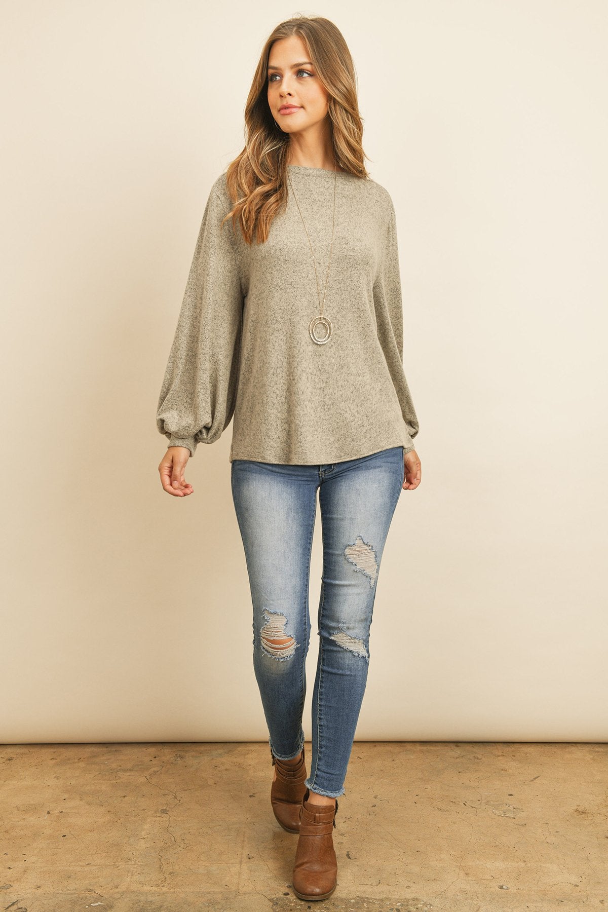 Puff Sleeved Boat Neck Two Toned Brushed Hacci Top